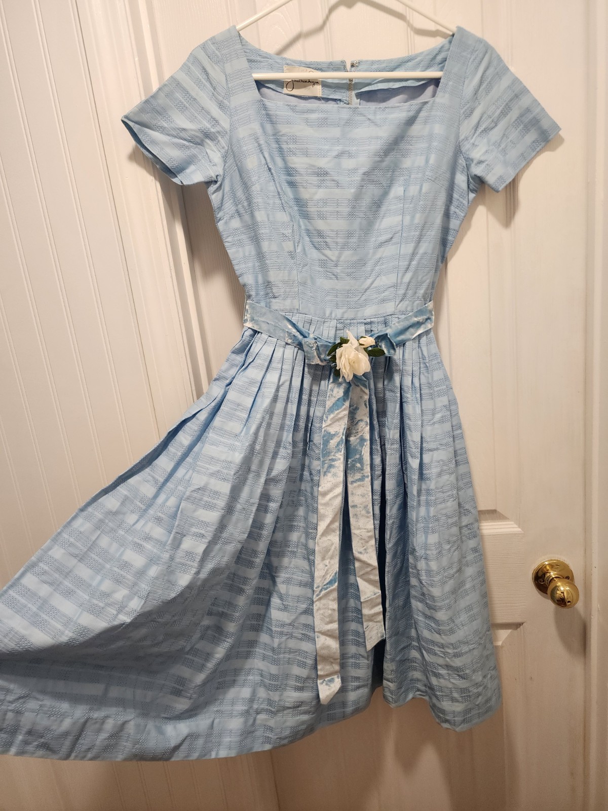 VTG 50s Jonathan Logan Powder Blue Fit & Flare Jrs Day Dress Velvet Ribbon SZ 2