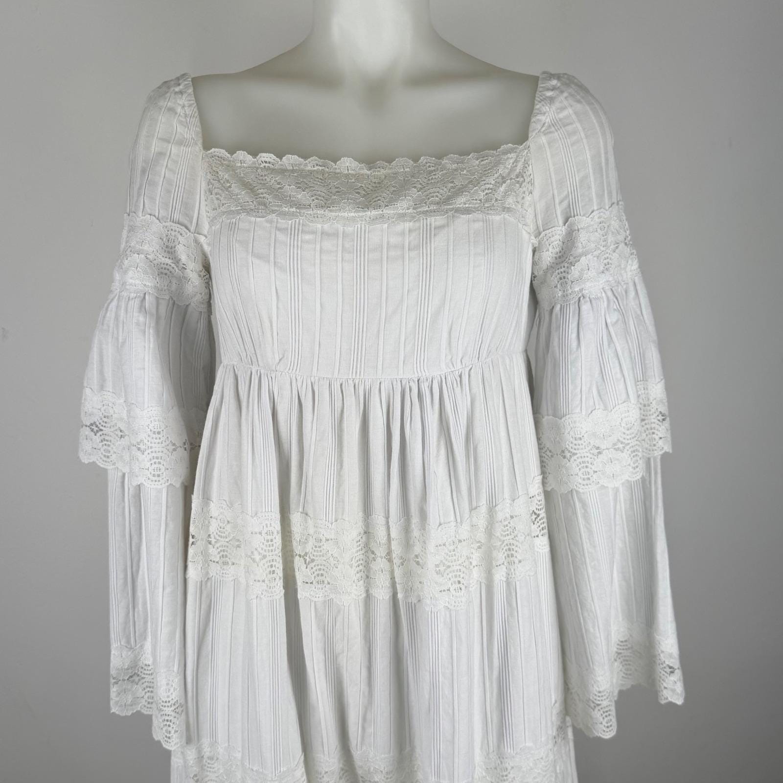 Vintage 70s White Maxi Dress Pleated Cotton Boho Wedding Cottagecore Size S