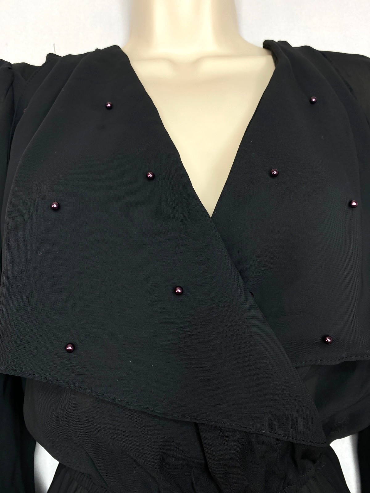 Vintage 1970s black sheer beaded midi dress puffed 1/2 sleeve embellished collar