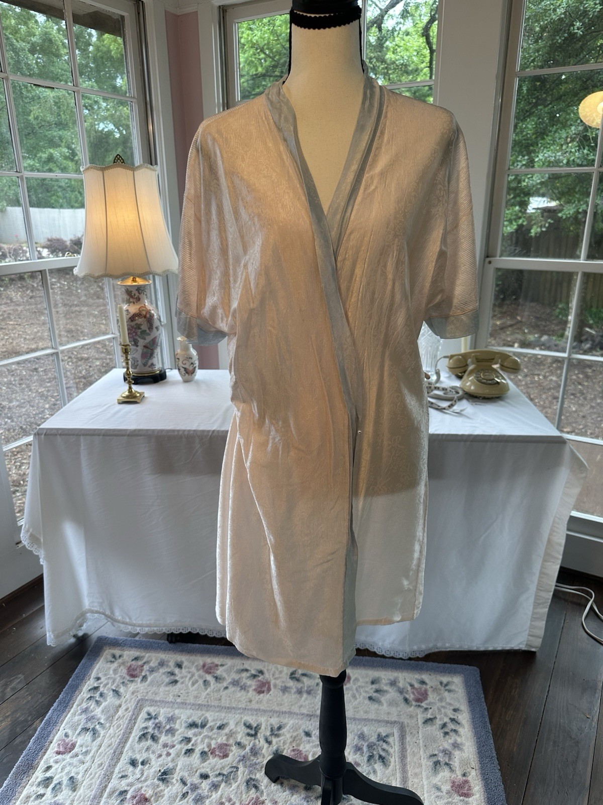 Vintage 70s 80s Pajama Robe Nightwear Lingerie Pink With Blue Trim Coverup SZ MD