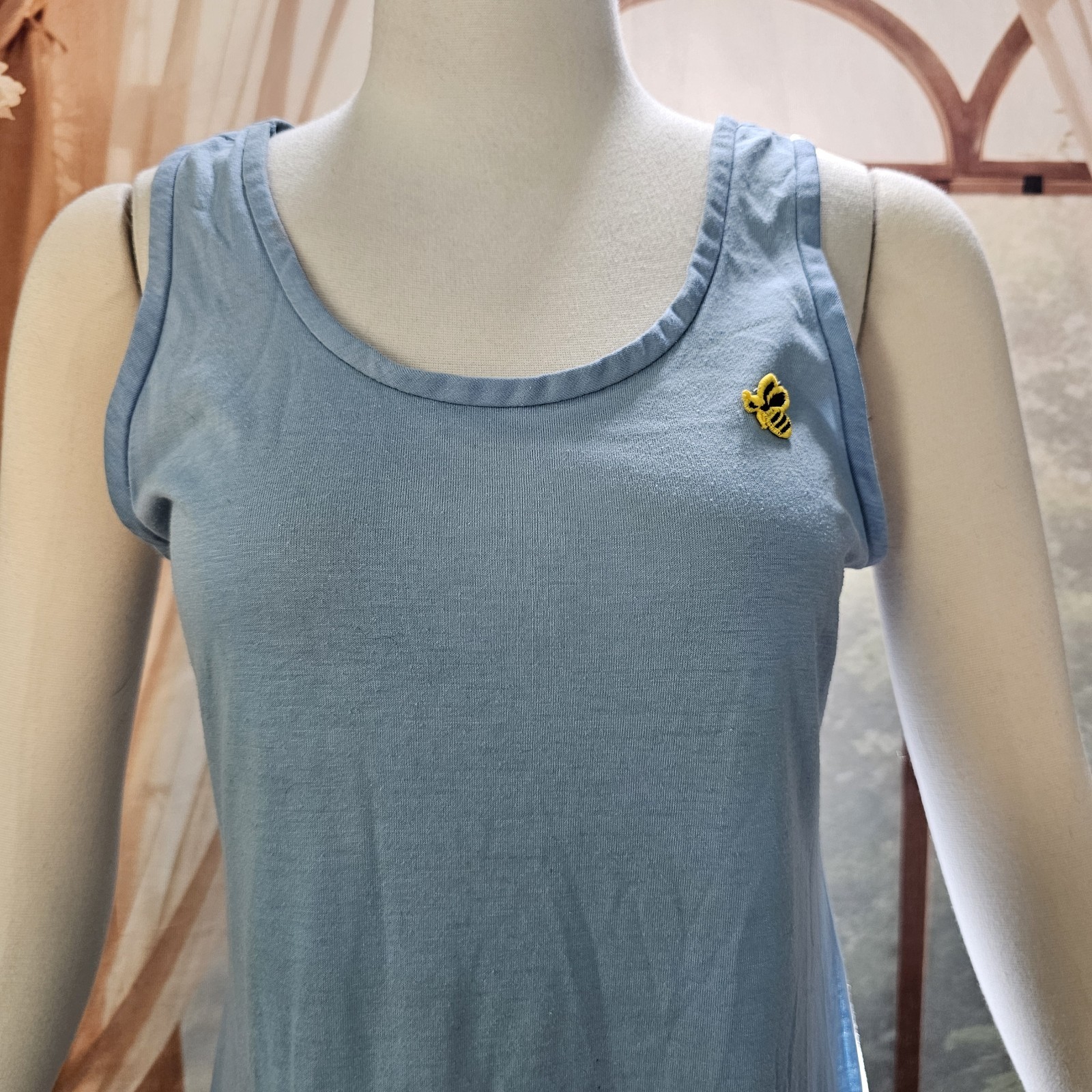 Vintage 1970s Dress Maxi Floor Length Baby Blue Floral Bee Patch Sleeveless Tank