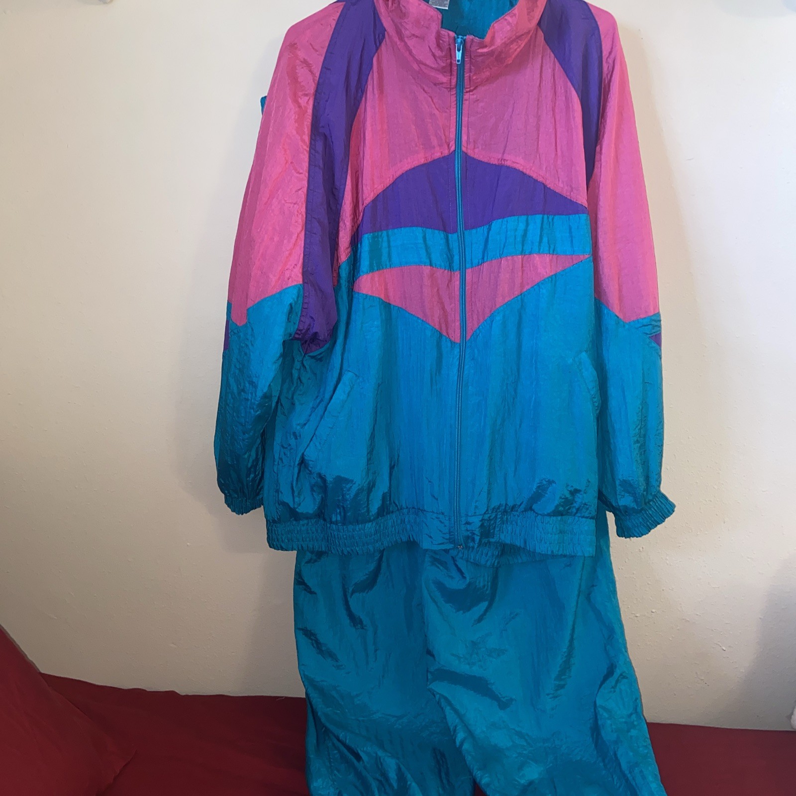 VTG Colorful WindBreaker Track Suit Women 2X Pants Zip Jacket 90s pink/teal