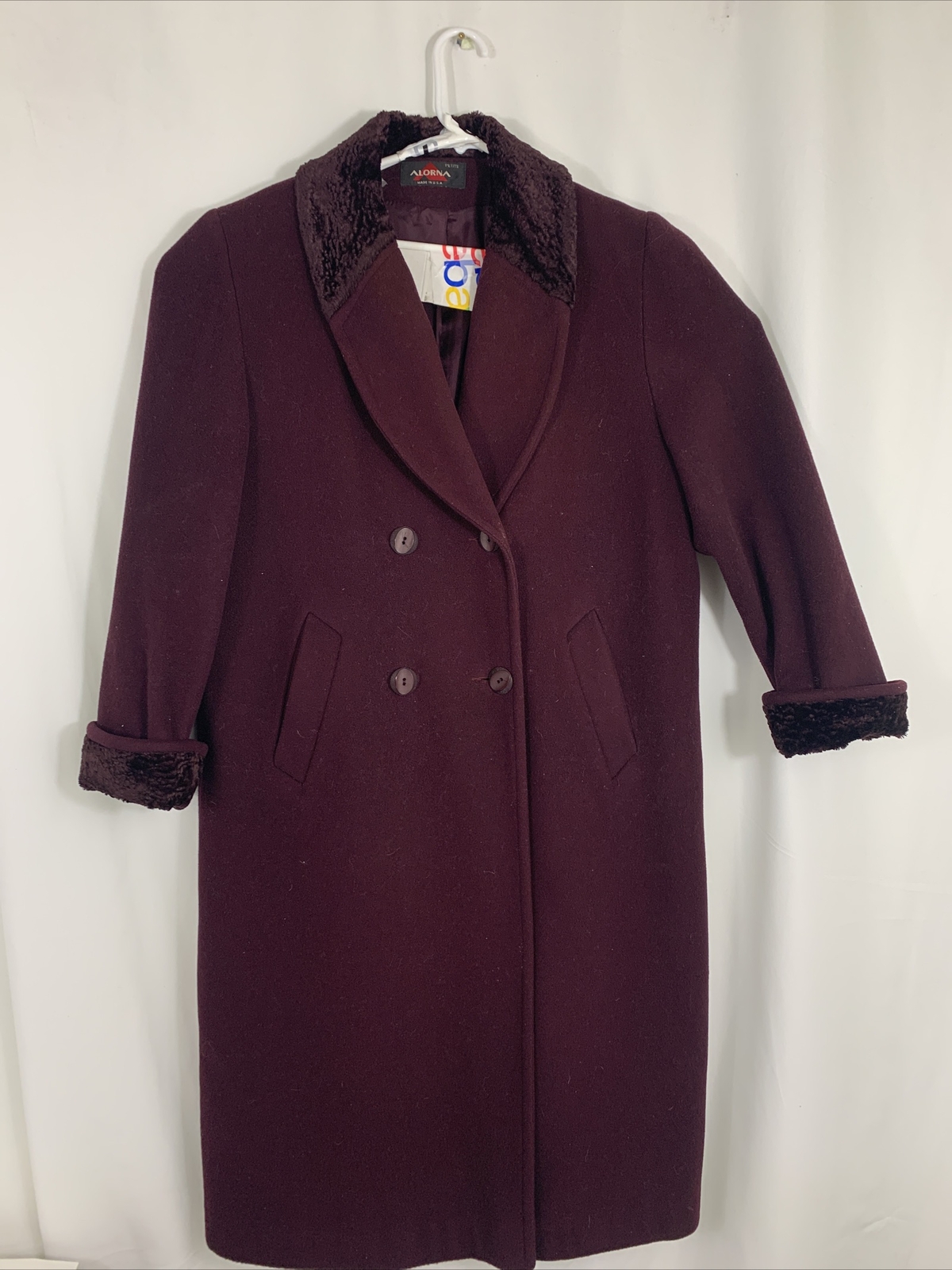 Vintage 80s Alorna Long Plum Wool Coat 12 Petite Evening Duster Velvet Trim