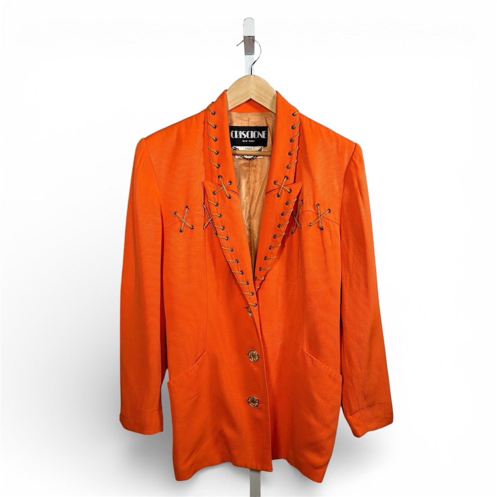 VTG 80s/90s CRISCIONE New York Cache Bright Orange Lace Up Blazer Jacket Sz L