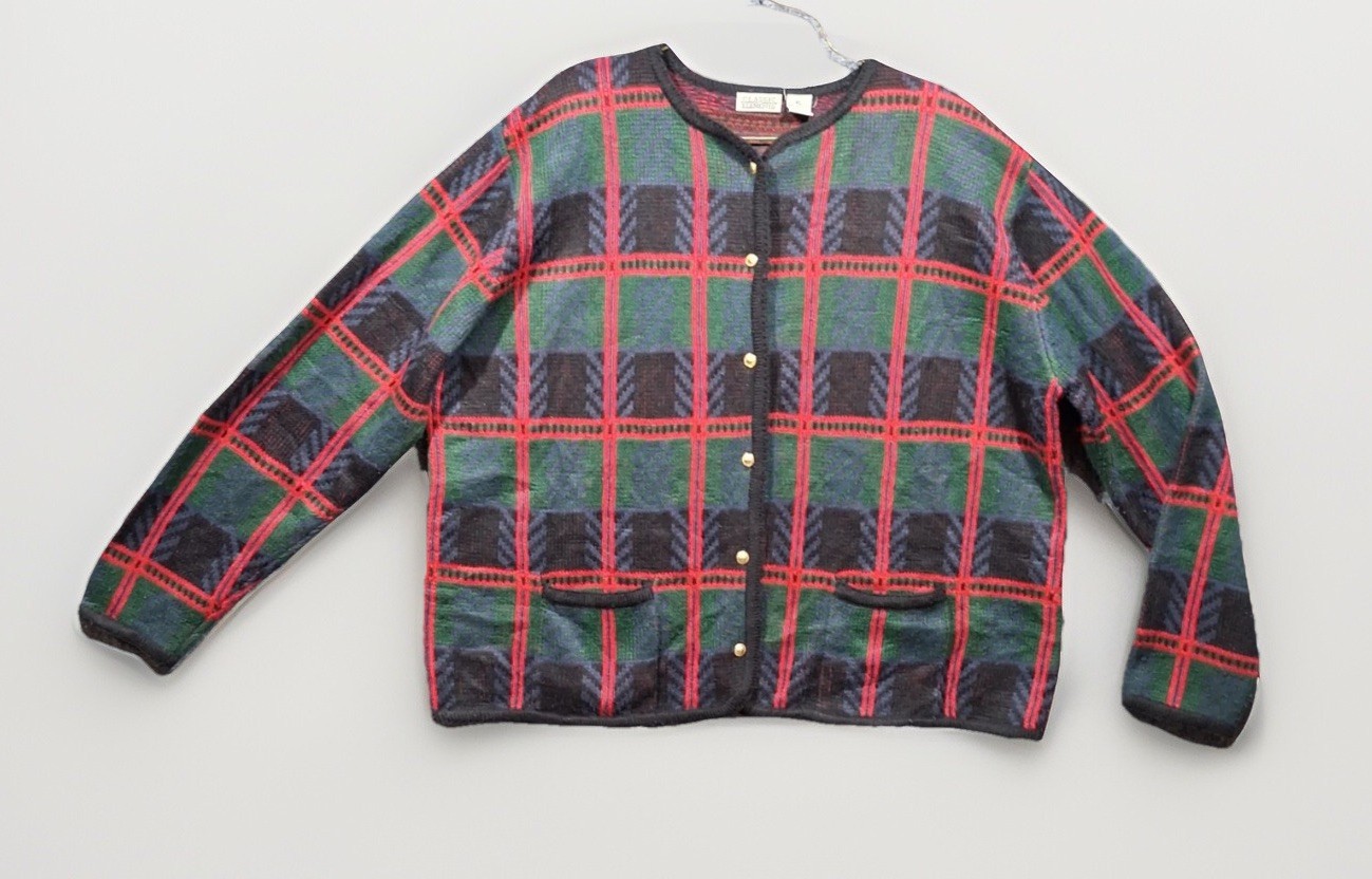 Vintage Plaid Chevron Knit Cardigan Sweater XL Red Green Gold Button Pockets