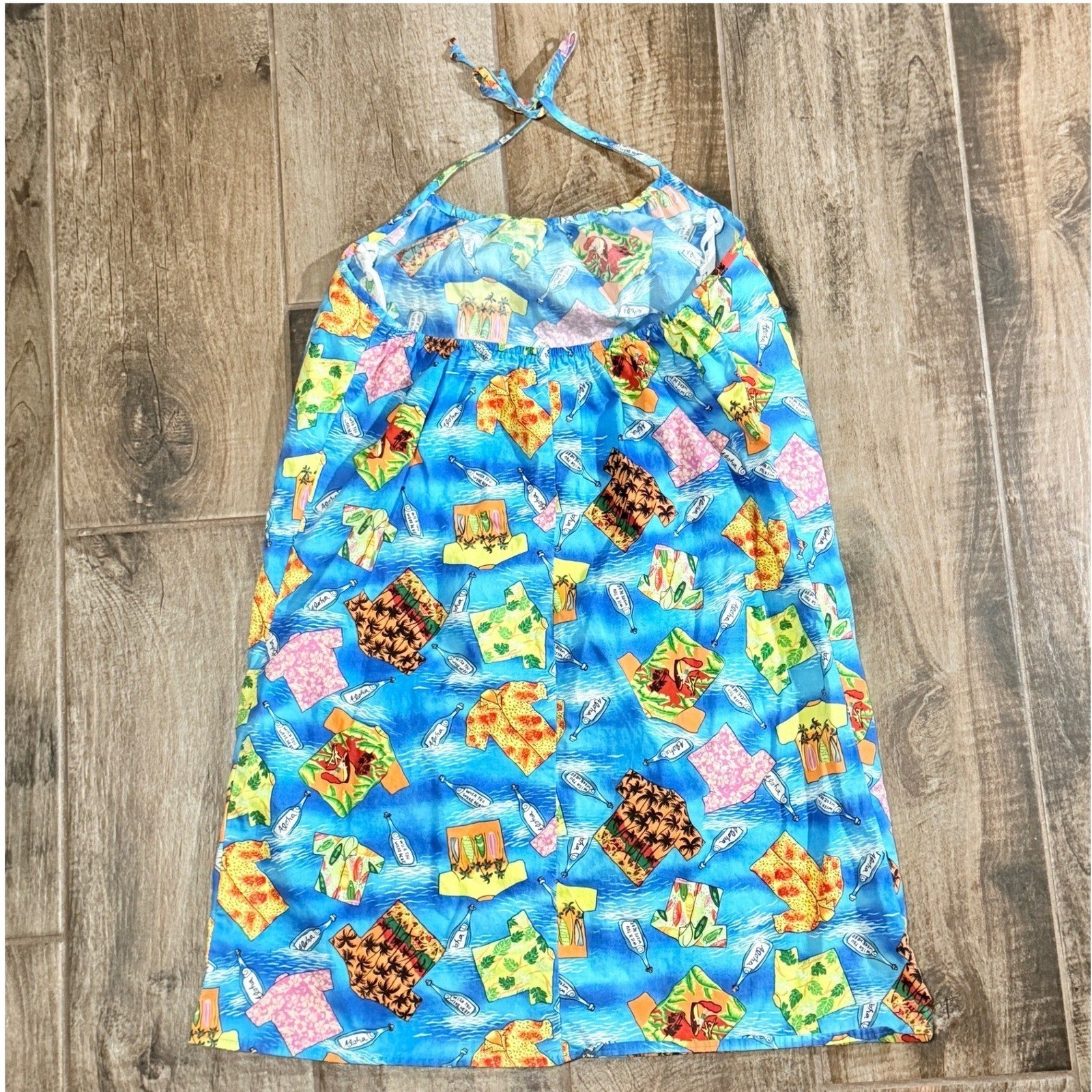 Hilo Hattie Womens VTG Message In Bottle Novelty Hawaiian Halter Dress, Blue, L