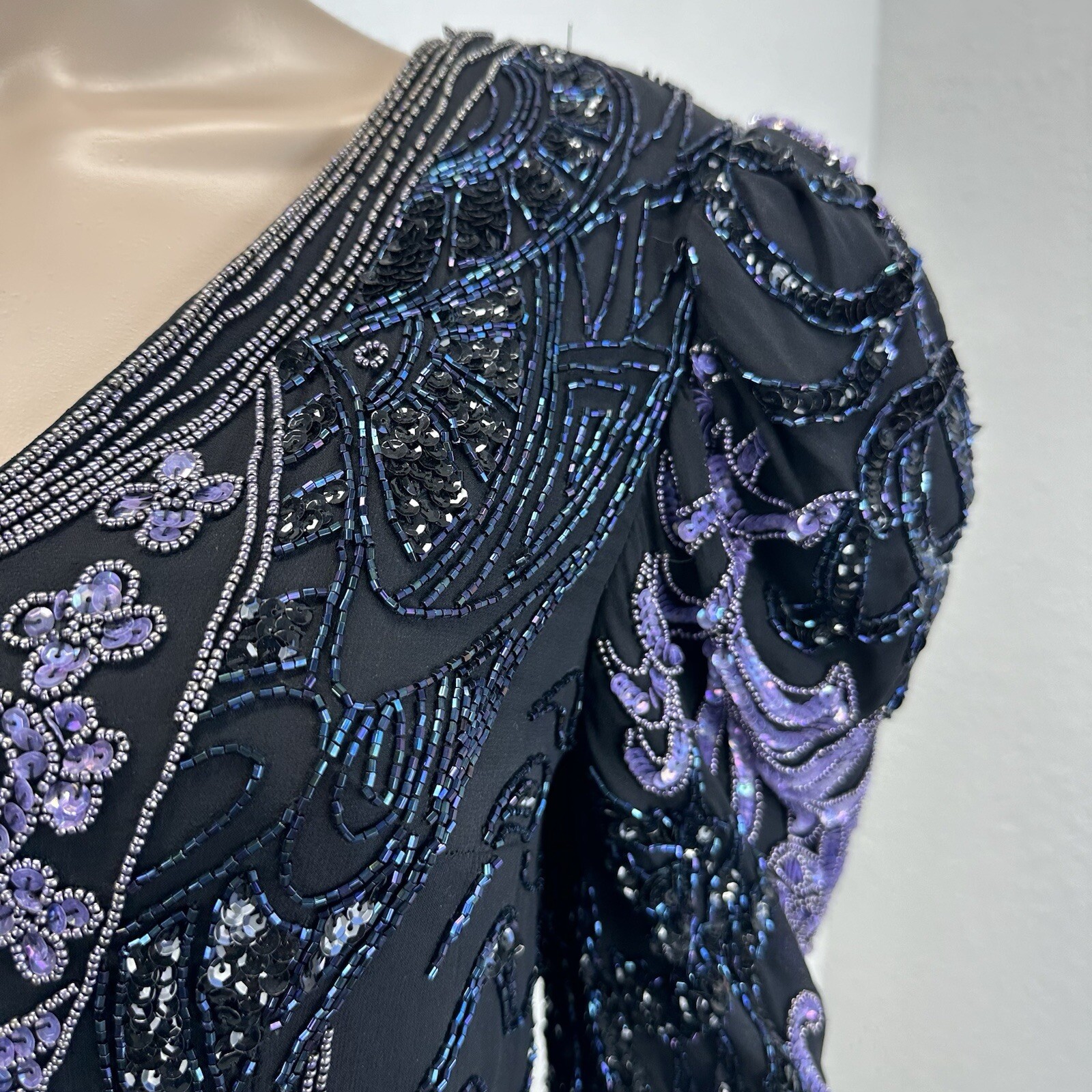 Vtg Fully Beaded Sequin Silk Mini Dress Tunic Peacock Great Gatsby Dancer M