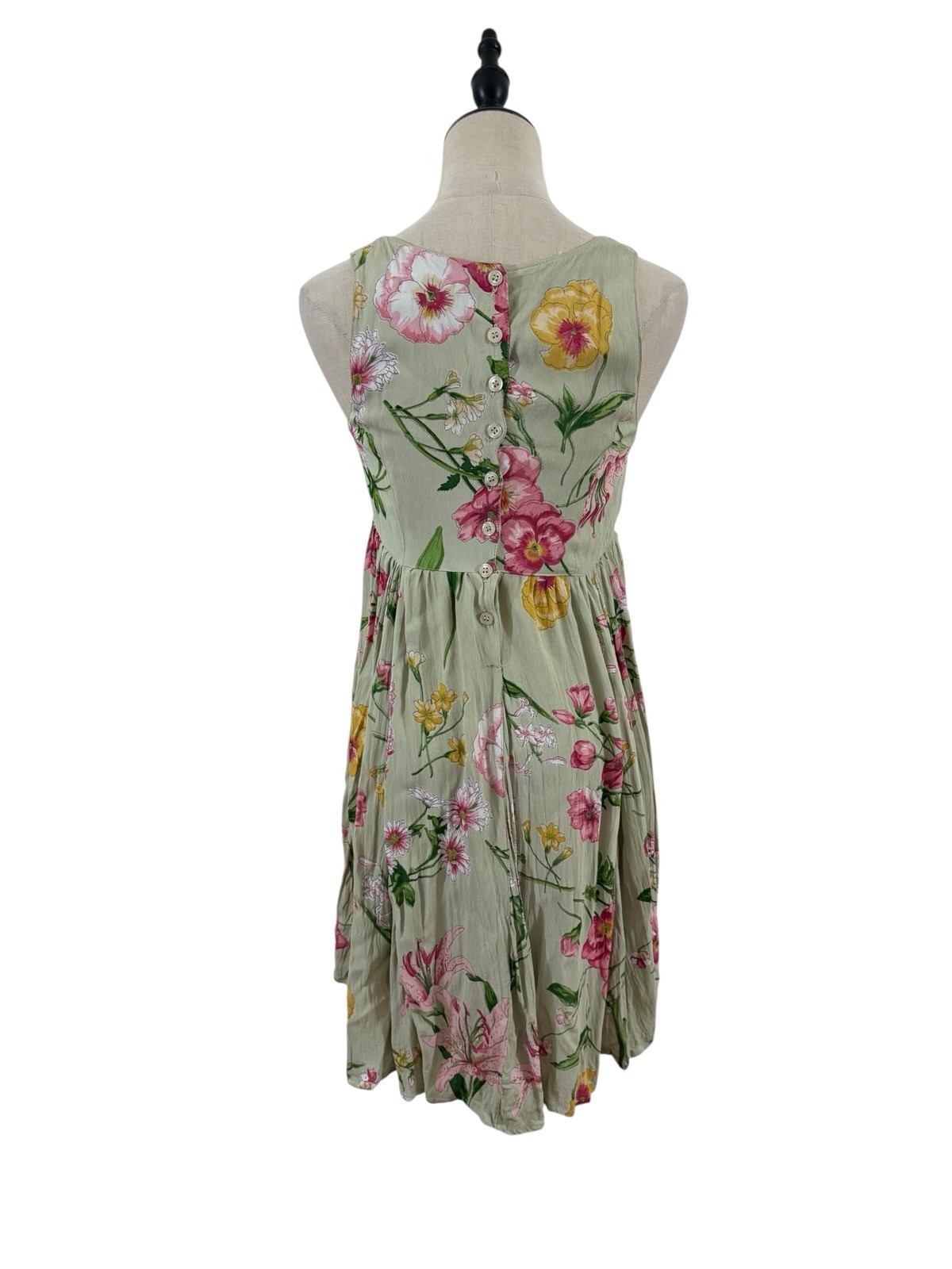 Vtg 90s Starina Babydoll Mini Dress Sz S Green Floral Grunge Garden Party Boho
