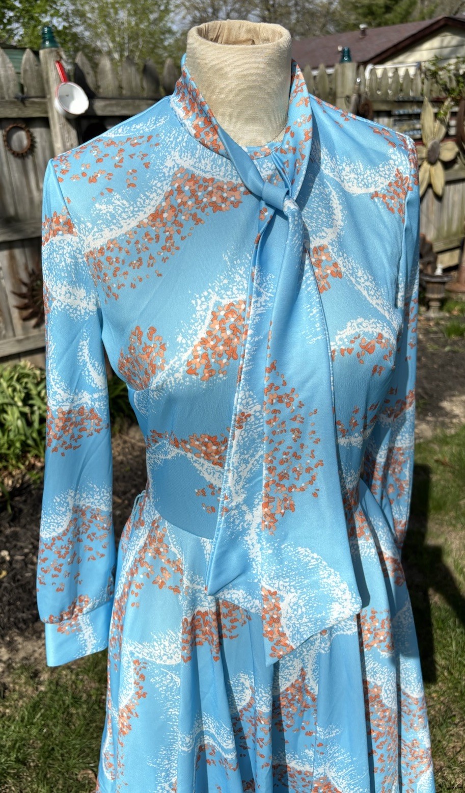 VTG 1970s Secretary Dress Pussy Cat Bow Fit Flair Midi Sz S B32 W26 Blue Orange
