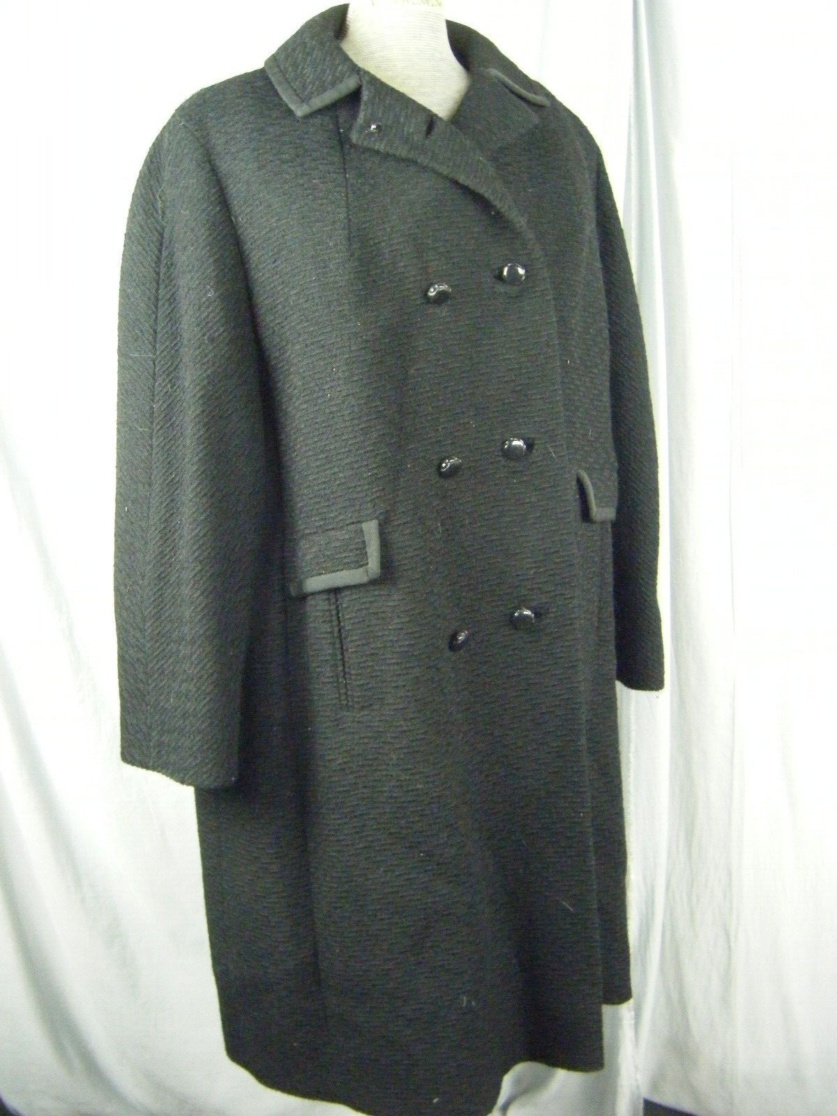 Vtg 60s Black Looped Wool Buttons Mod Coat-Bust 48/L