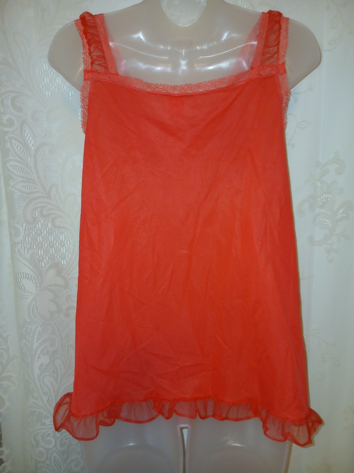 Vintage 50s Pink Nylon Chiffon Lace Ruffled Babydoll Nighty Lingerie S