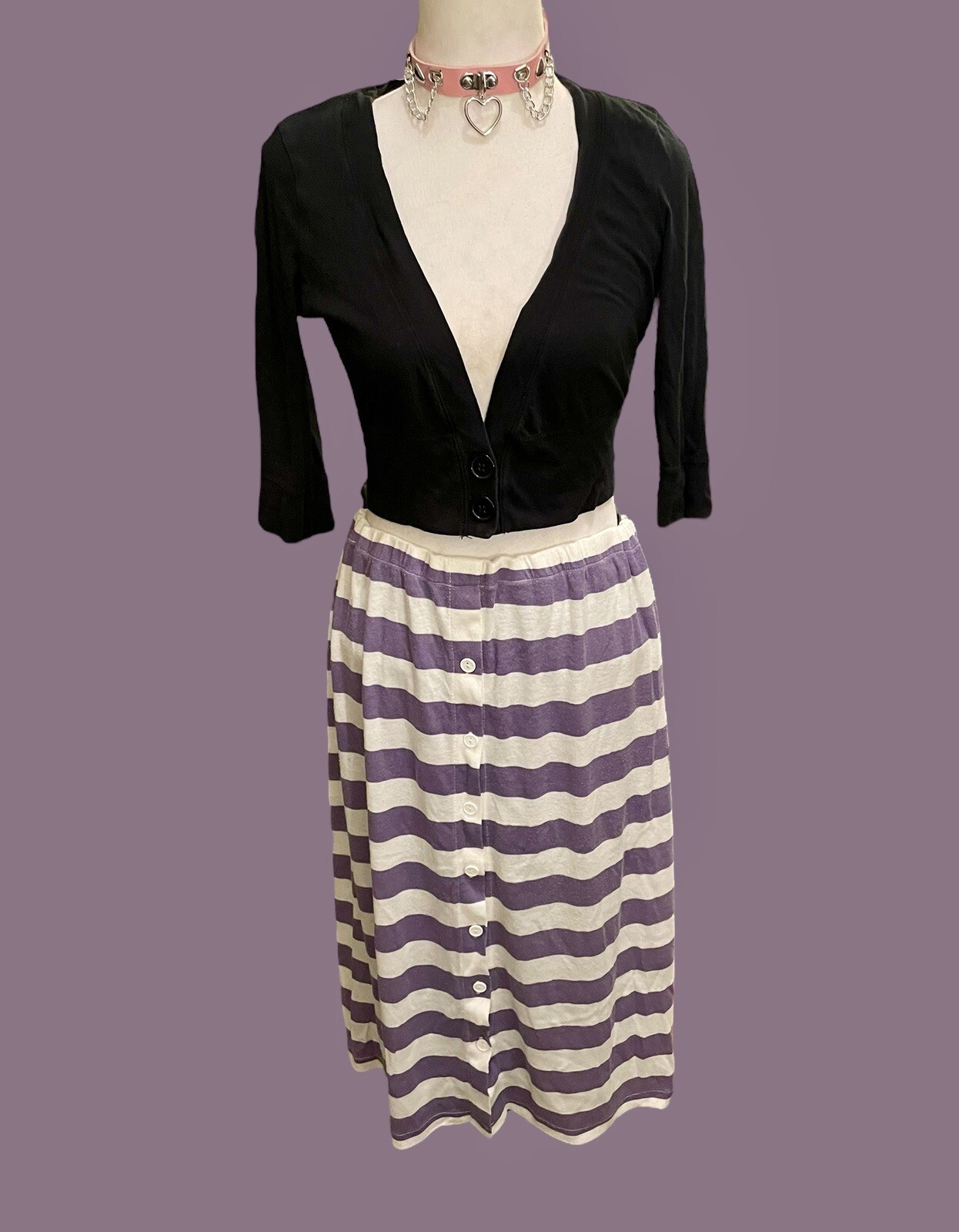 Vintage Skirt Midi 80s Low Waist Striped Cotton Jersey Indie Soft Girl Gen Z M