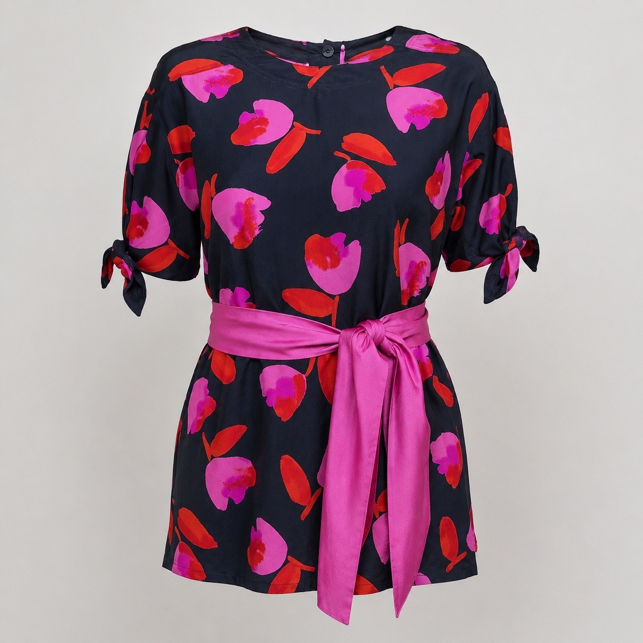 Escada Margaretha Ley Silk Floral Blouse Womens 40 Navy Pink Red Tie Sleeve