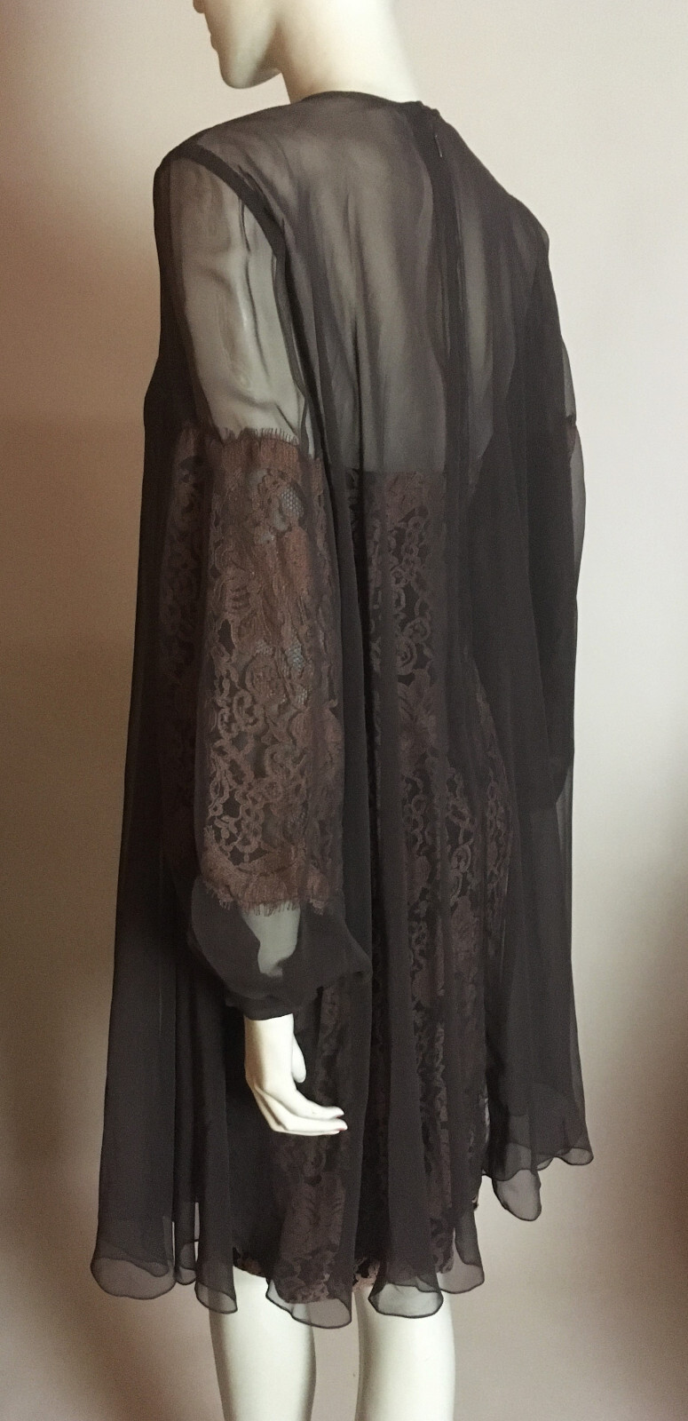 1980s Vintage Travilla YT Brown Sheer Draped Chiffon Gold Lace Cocktail Dress XS