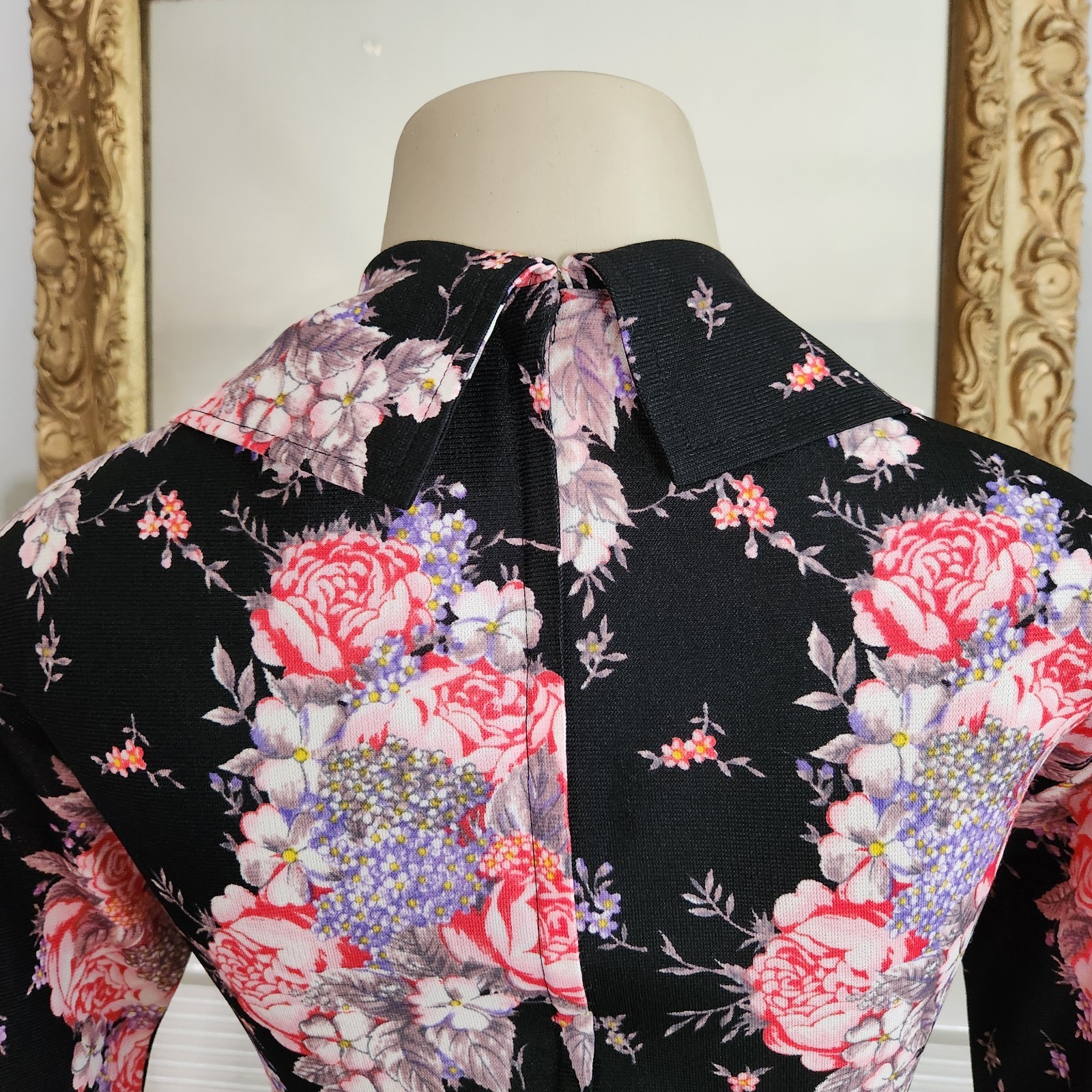 Vintage 70s Black Floral Dress Size S Maxi Cottagecore Stretch Empire Waist Boho