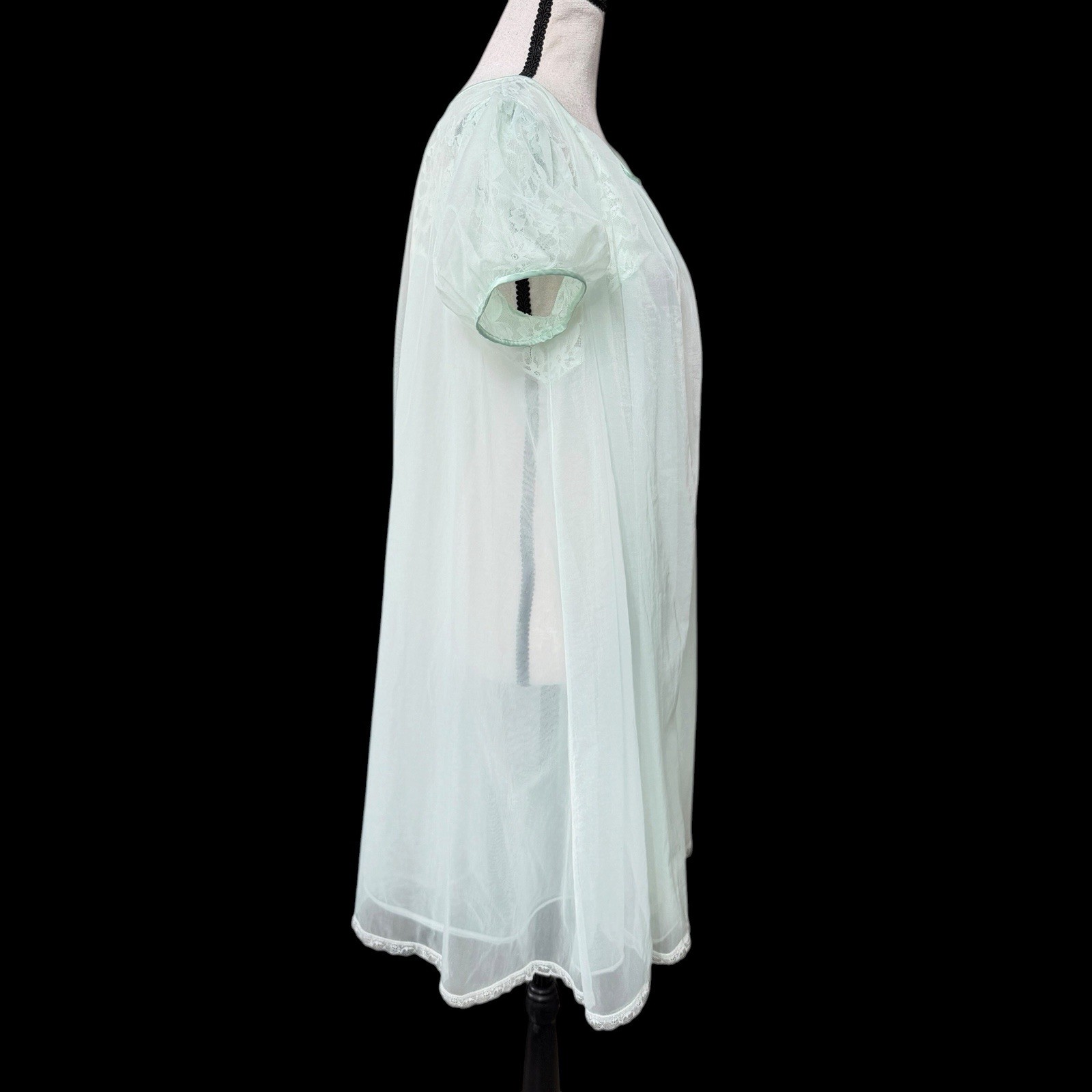 Vintage 60s Vanity Fair Sheer Nylon Peignoir Robe Lace Mint Green Medium
