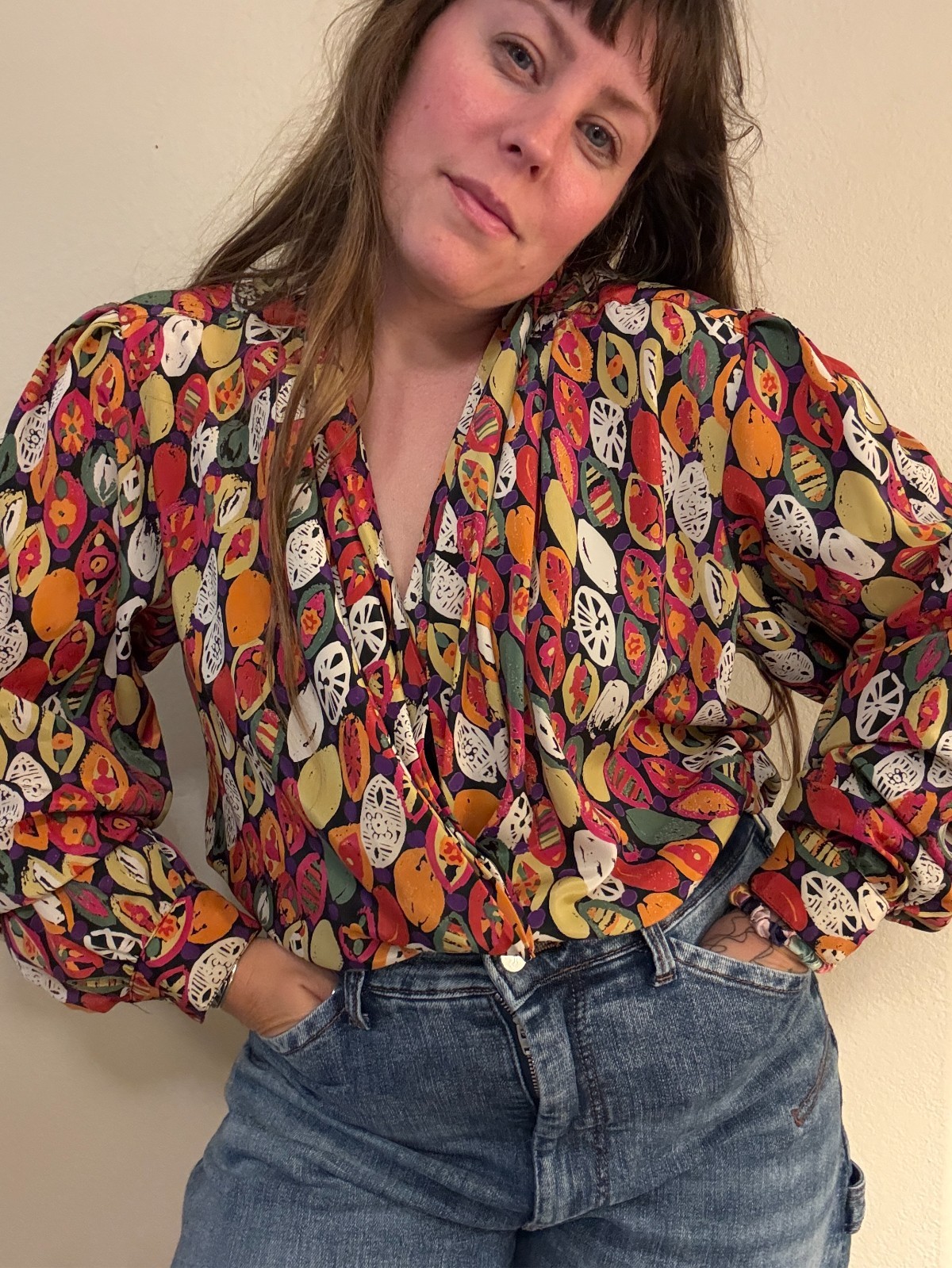 Vintage Marlis Bright Fruit Novelty Print Deep V Neck Blouse XL