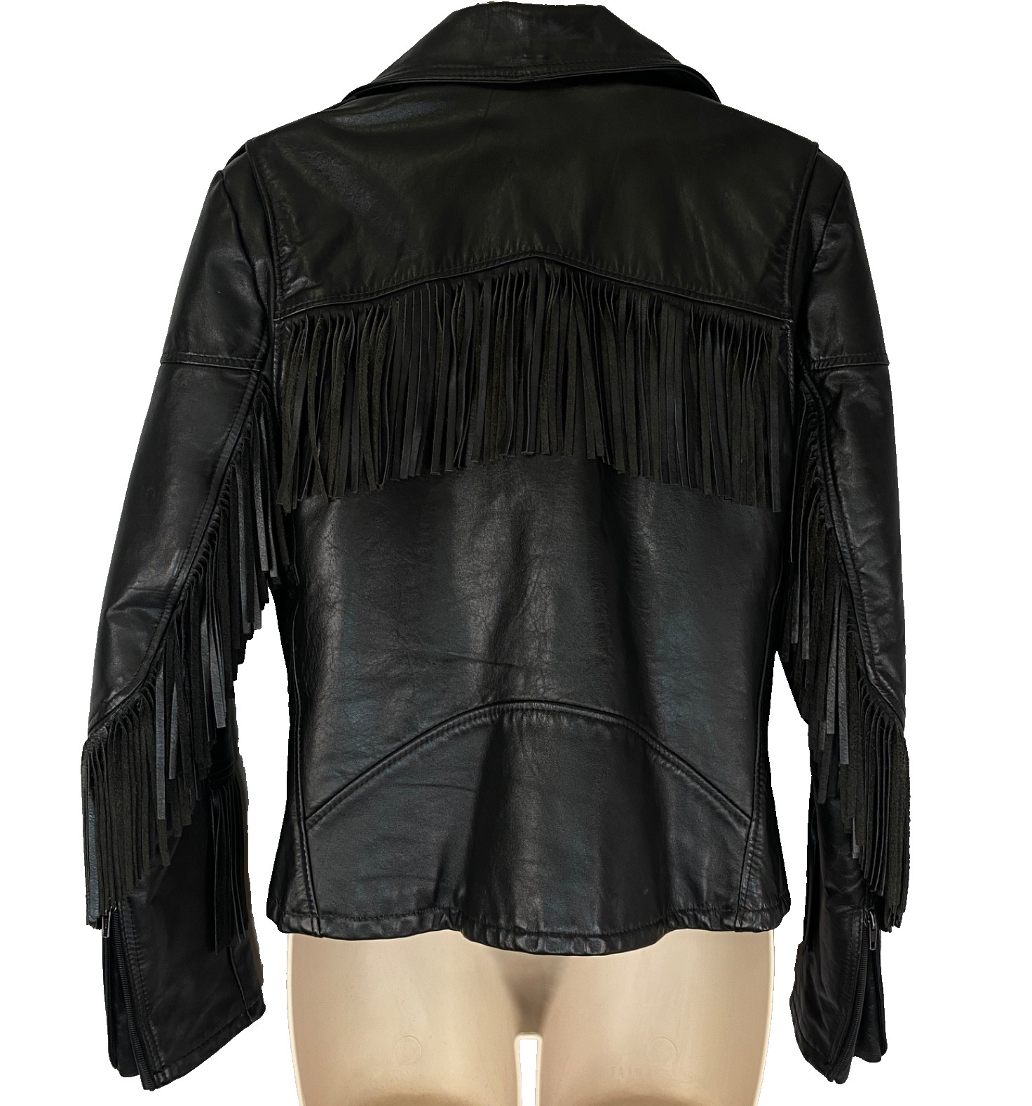Vintage black leather fringe jacket women’s S M moto rocker biker TAURUS