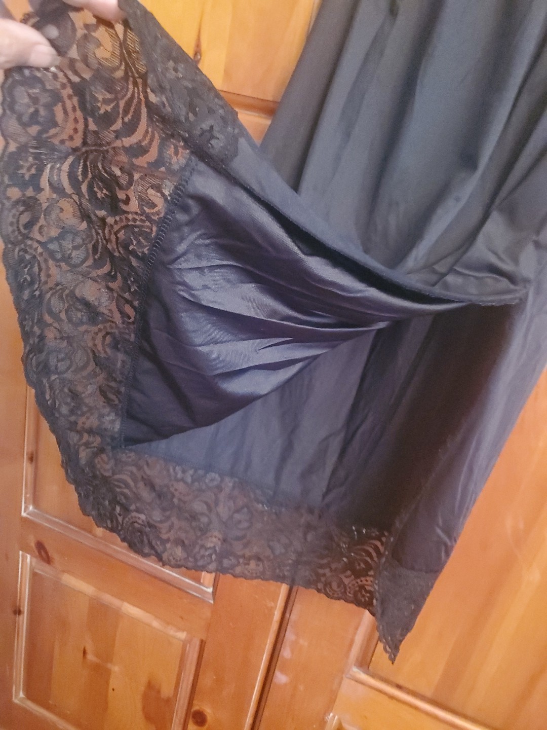 Vintage Half Slip Size Med. Black Tricot Nylon Side Slit Lace By Vanity Fair