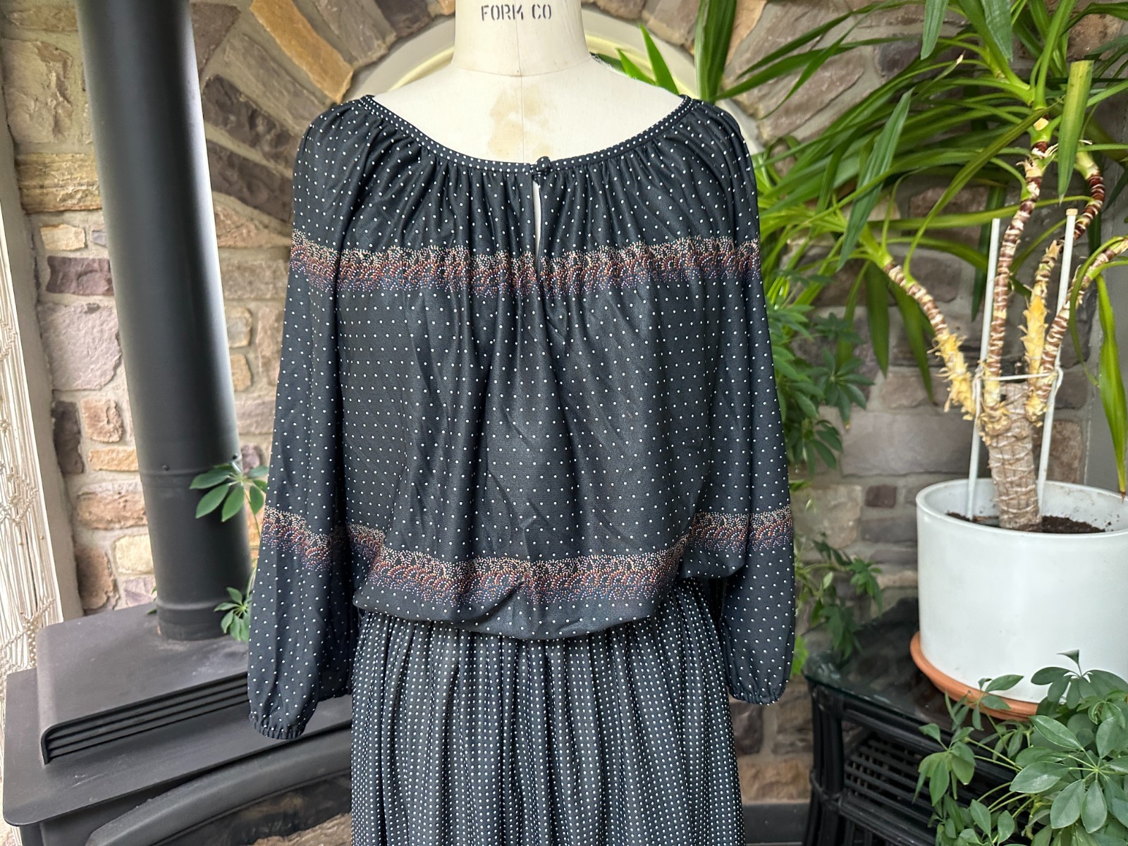 Vintage 1970s Black Floral and Polka Dot Knit Dress Liz Roberts Inc