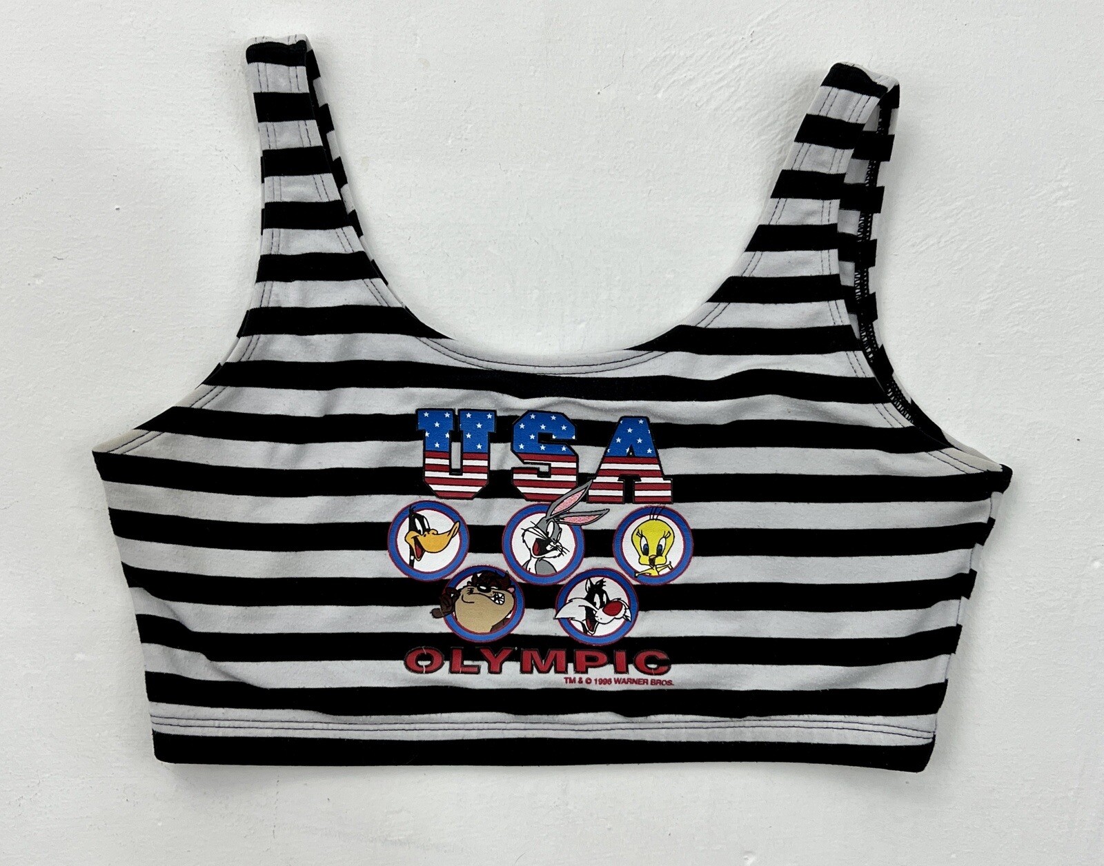 VTG Looney Tunes 90s Sports Bra Crop Tank Top USA Olympic Taz Bugs Tweety Daffy