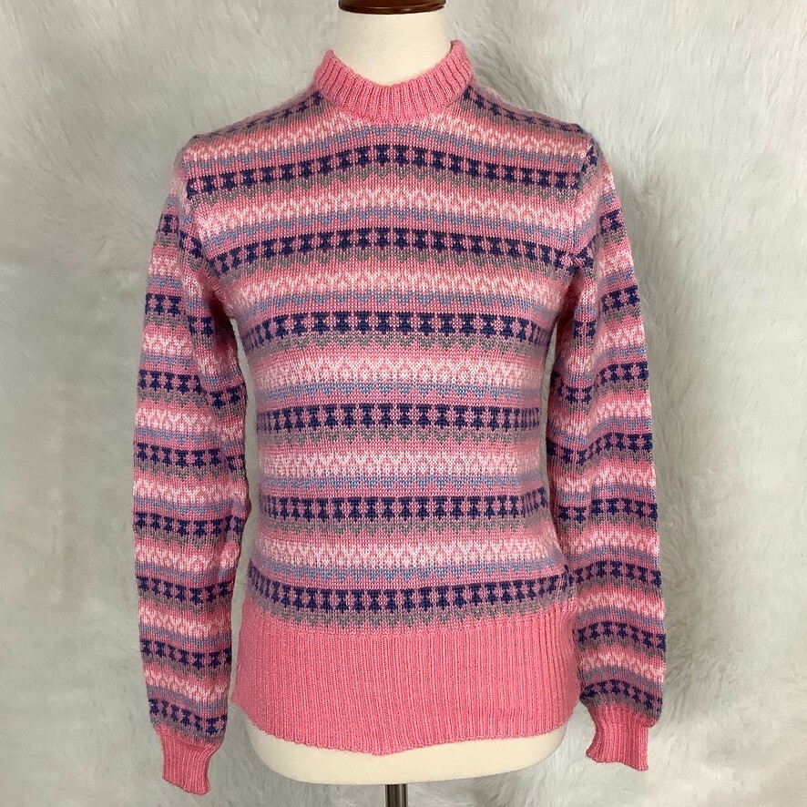 Vintage 70s 80s Pink Blue Fair Isle Anba of Austria Mohair Blend Sweater
