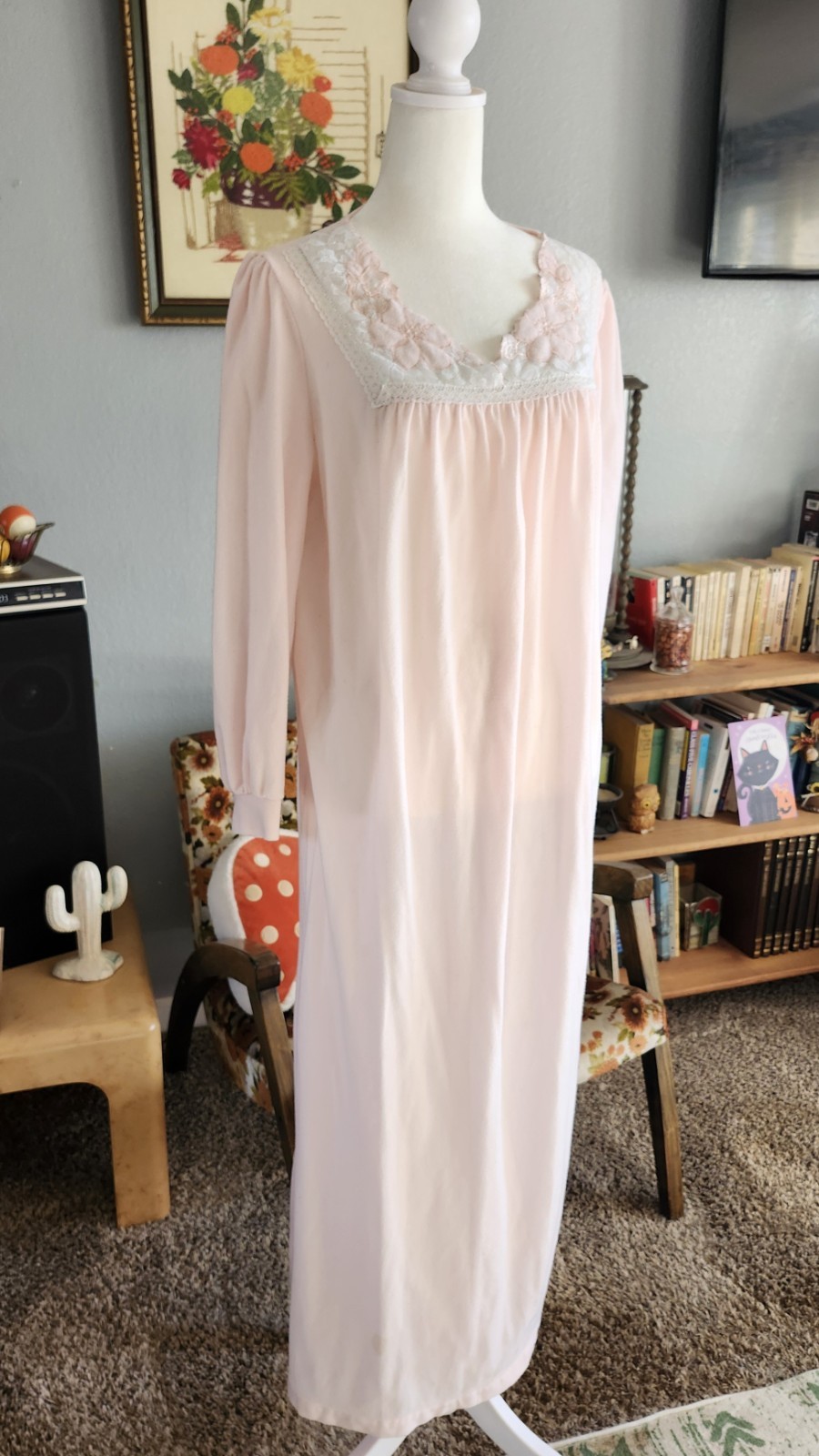 Vintage Fleece Nightgown Pink Damea Long Sleeve Size M Made in USA
