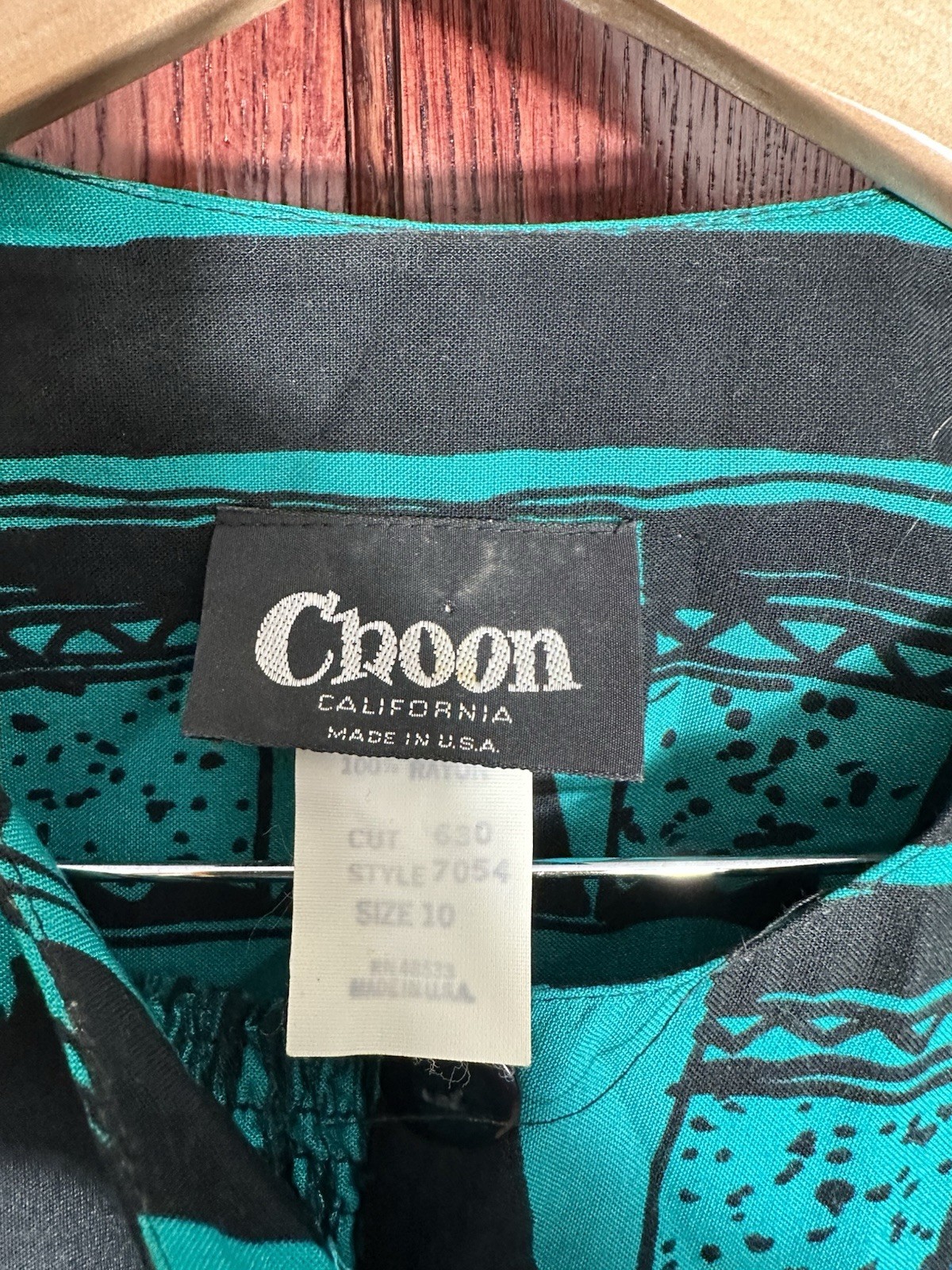 Vintage Choon California Pantsuit Sz 10 Teal Rayon Abstract Boho Set USA 80s 90s