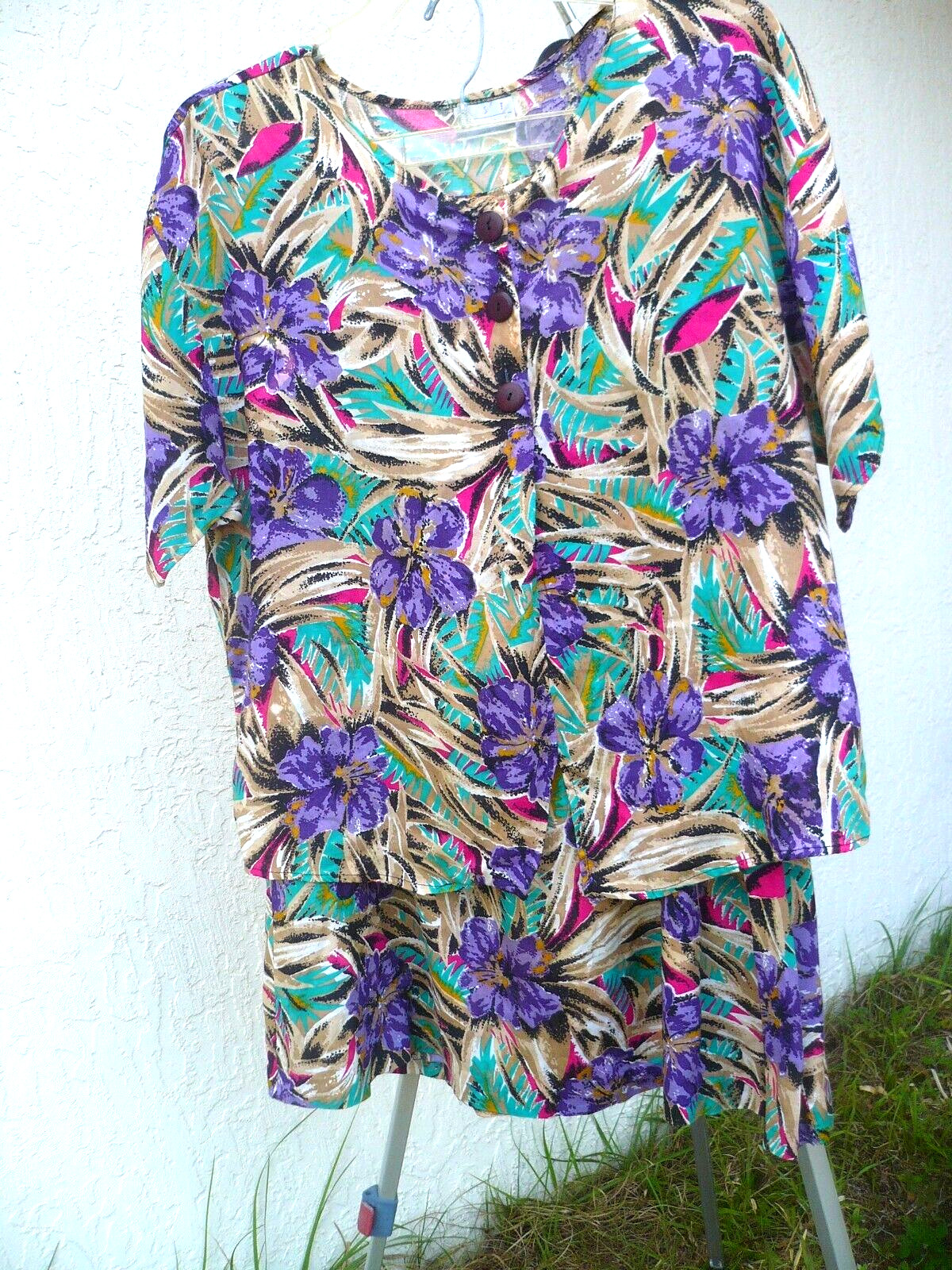 VTG 90S 2 PC BLOUSE TOP SKIRT SET OUTFIT PURPLE FLORAL BEIGE GREEN EAST COAST