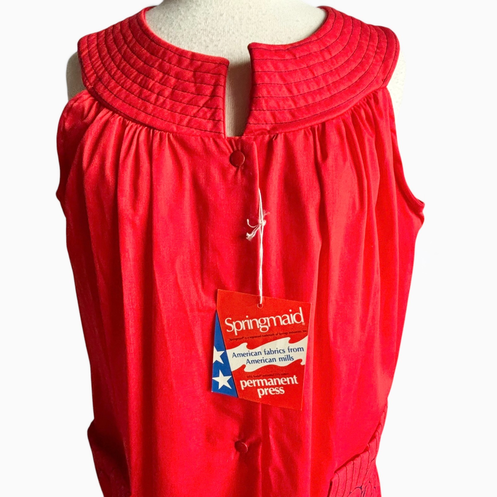 Vintage 1960s Springmaid Red Housecoat Dress Embroidered Pockets NOS NWT