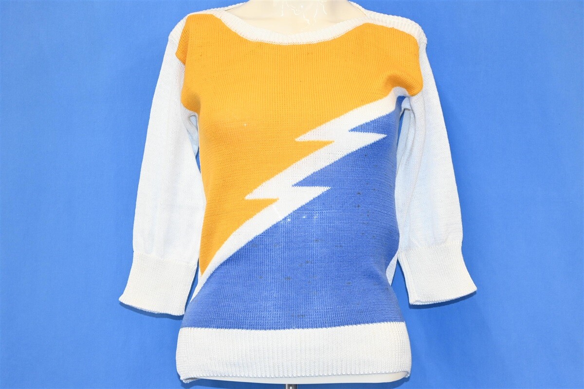 vtg 80s PAP YELLOW BLUE LIGHTNING BOLT COTTON 3/4 SLV NWT SWEATER WOMEN’S XS