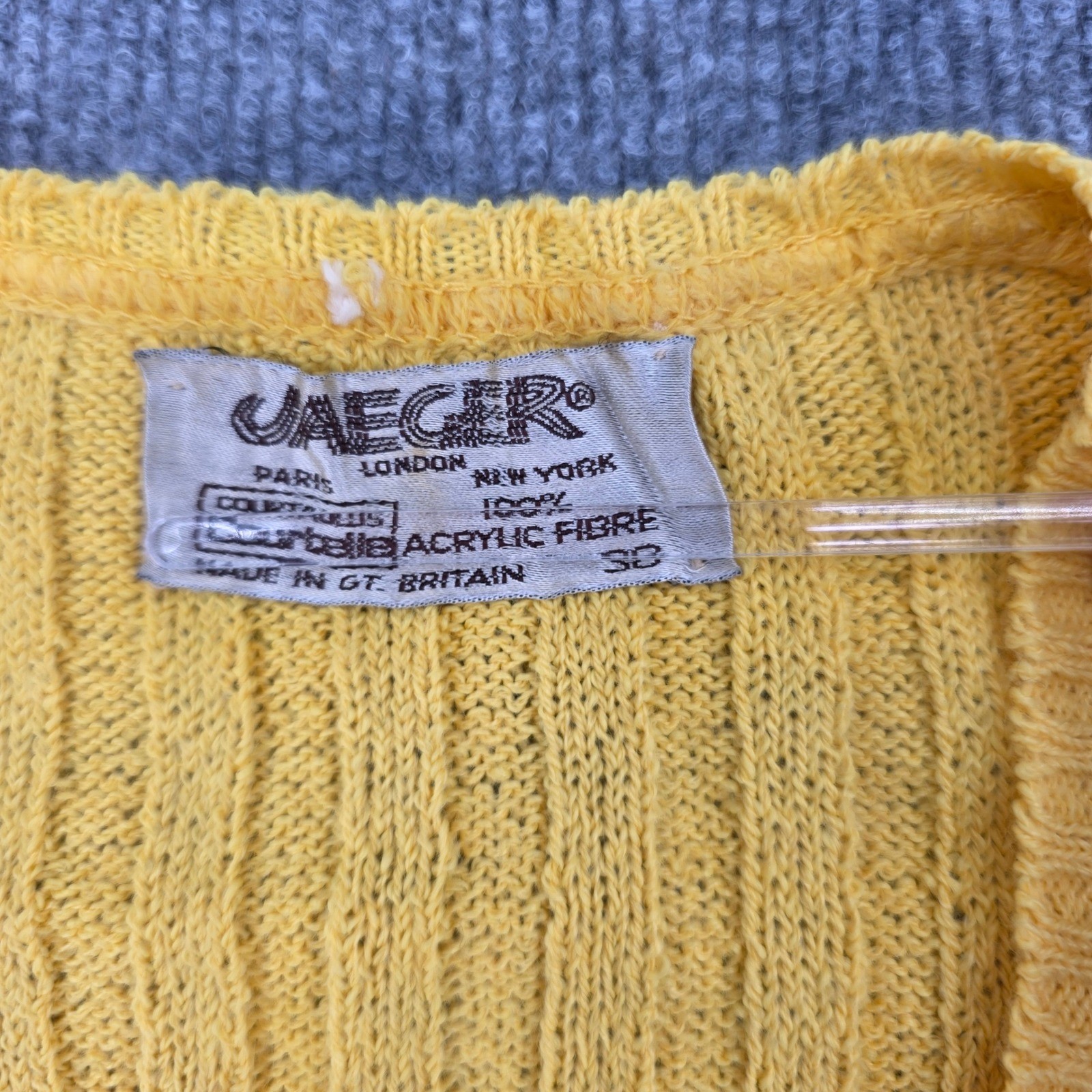 Vintage Jaeger London Yellow Ribbed V-Neck Knit Sweater Made in Great Britain 38