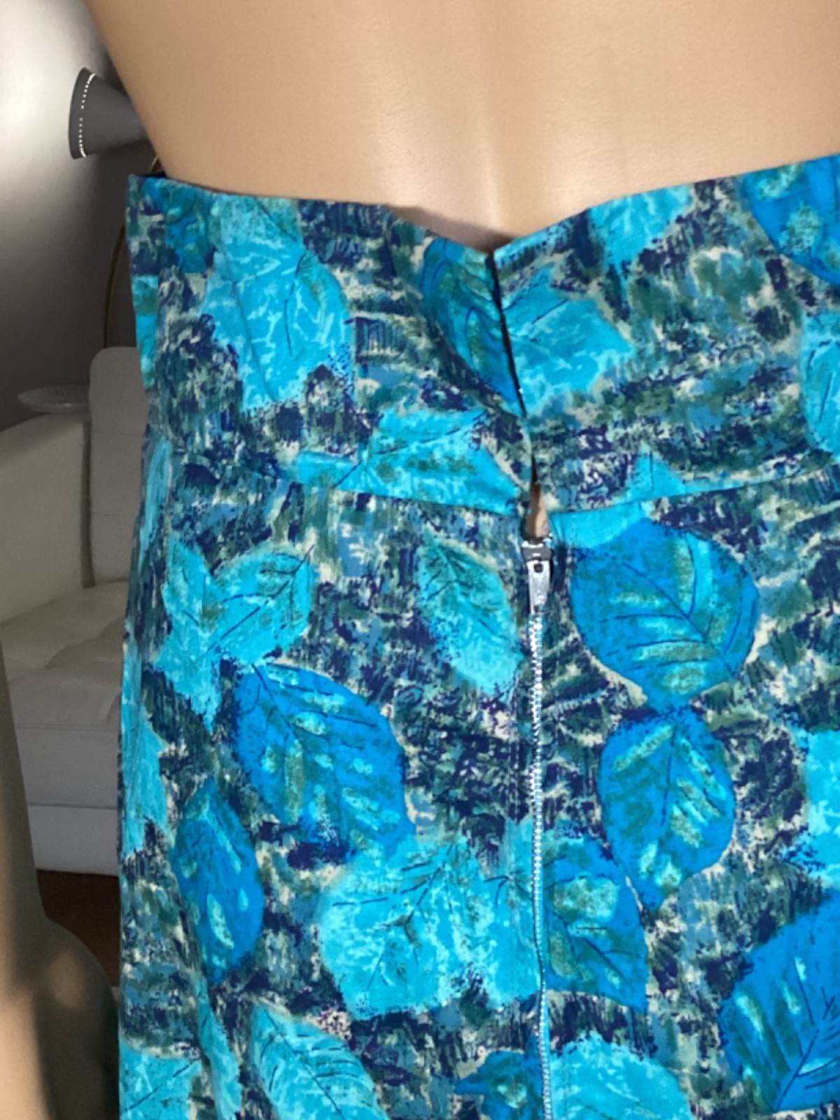 Vintage 50s 60s Turquoise Blue Leaf Pattern Cotton Long Maxi Skirt