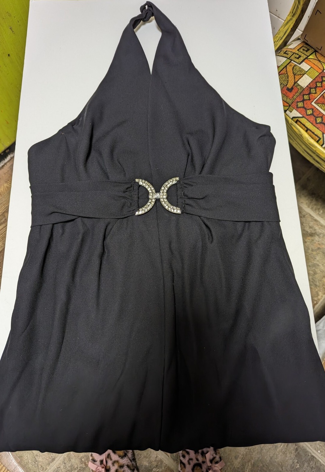 Vintage Black Crepe Marilyn Monroe Formal Evening Gown Rhinestones Halter Med