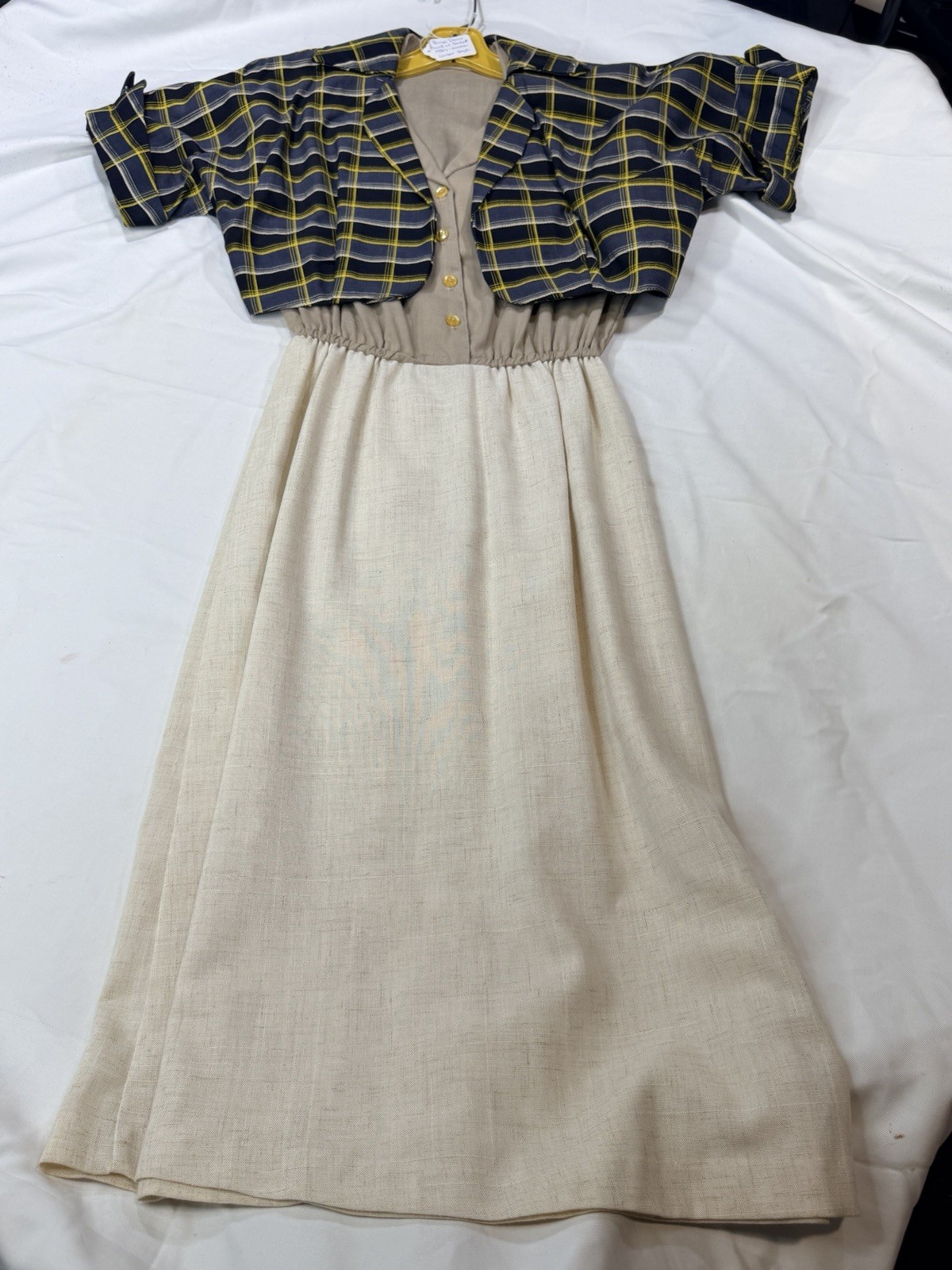 1950s 60s Beige Cream Shirtwaist Dress Elastic Waist Gold Buttons XS