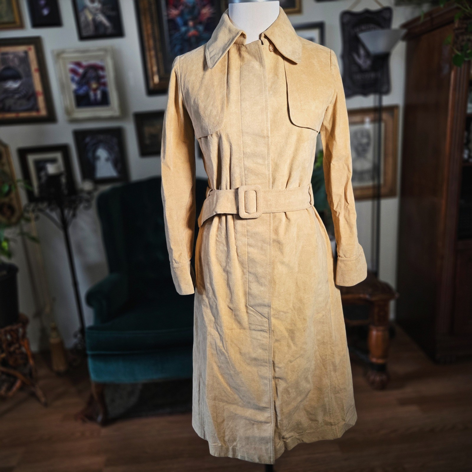 Saks Fifth Avenue Trench Coat Vintage 70s Tan Ultra Suede Belted Mod Jacket S