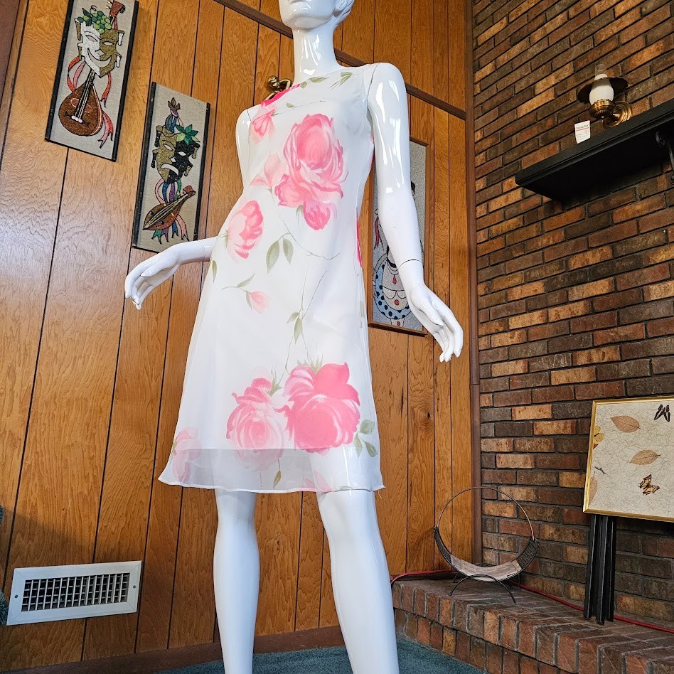 Vtg 90s Y2K Romantic Preppy Grunge Spring Fairy Chiffon Floral Slip Dress S/M