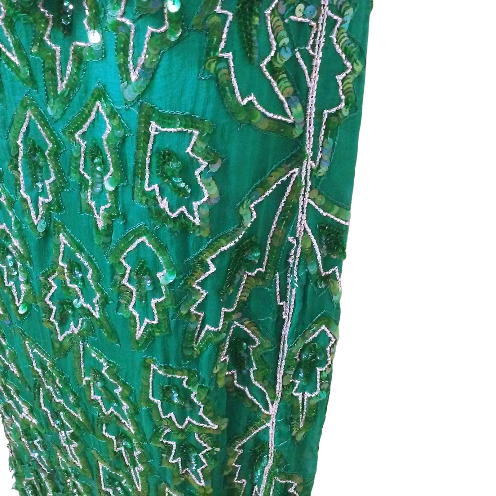 Vintage 80s Scala 2-pc Set Gatsby Silk Sequin Beaded Leafy Blouse Skirt -M Teal