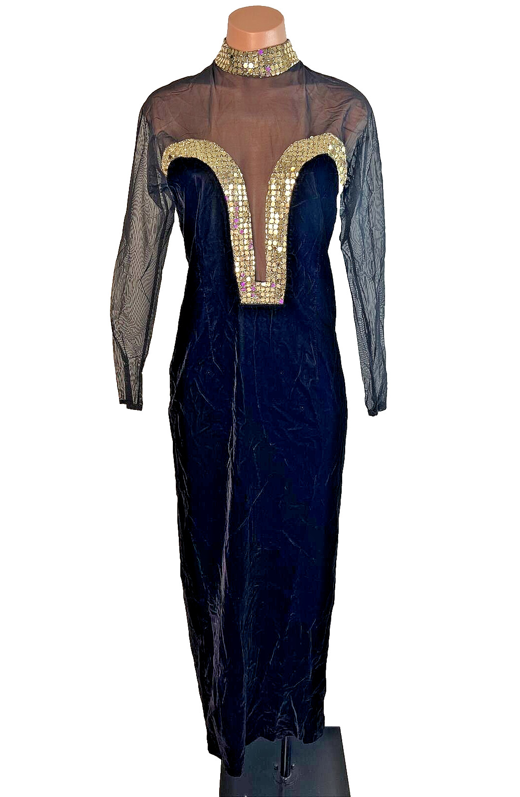 90s Mesh Plunge Neck Sequin Rare Sexy Y2K LONG DRESS BLACK GOLD VINTAGE Gown S