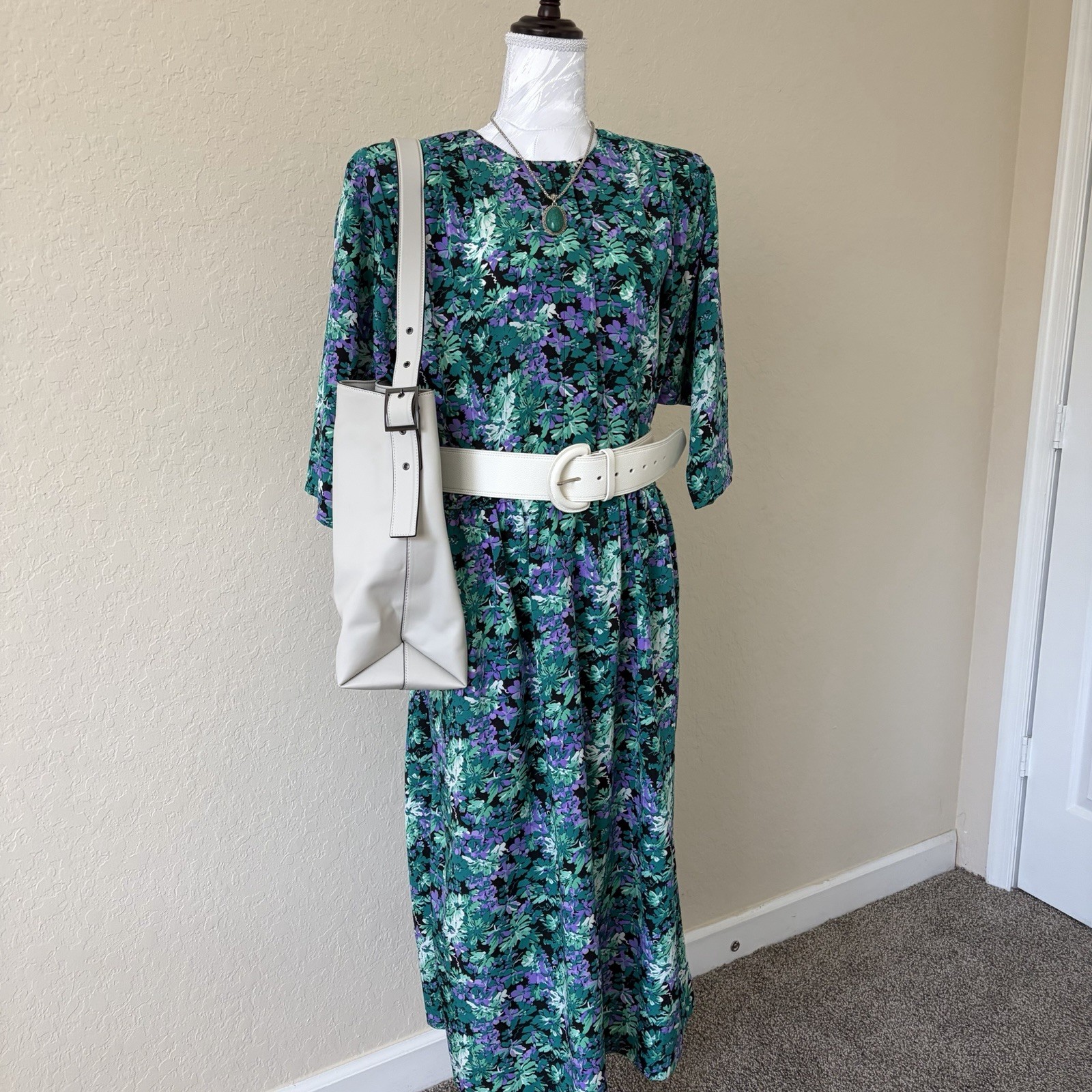 Vintage 1980s Floral Maxi Dress Ed Michaels Green Purple Cottagecore Boho Large
