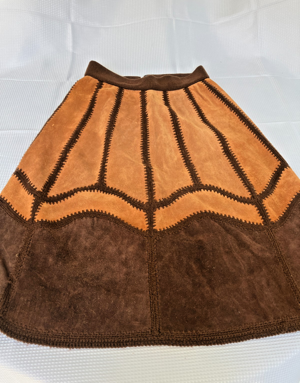 Vintage 70s Patchwork Brown Suede Crochet Rib Knit Leather Vest & Skirt Set Sz L