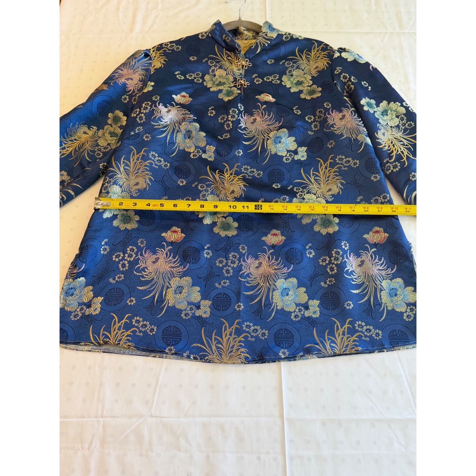 Vintage Blue Floral Satin Brocade Mandarin Collar Frog Closure Tunic Top L