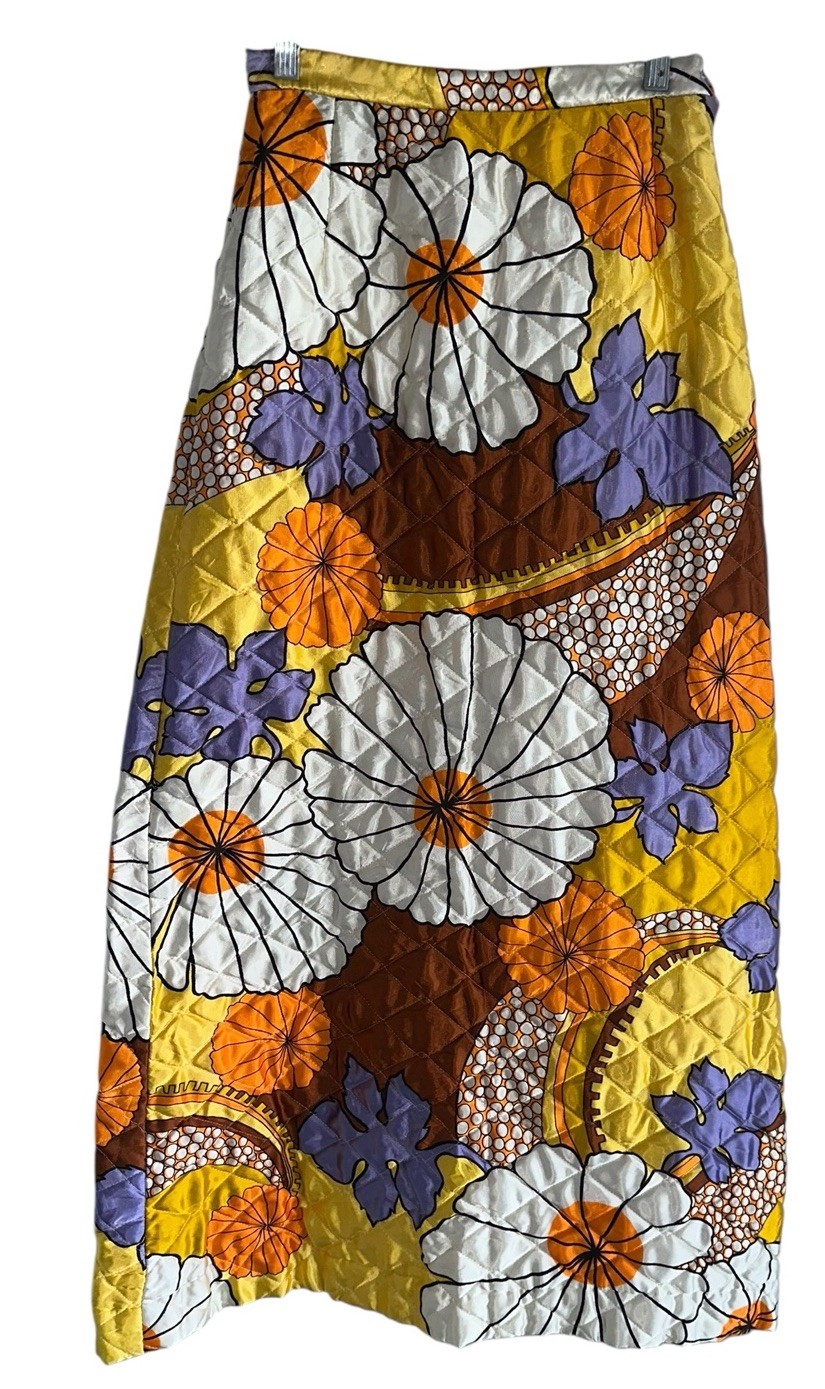 VTG 60s Prestige Of Boston Womens Quilted Maxi Skirt Sz 10 Mod Floral Yellow