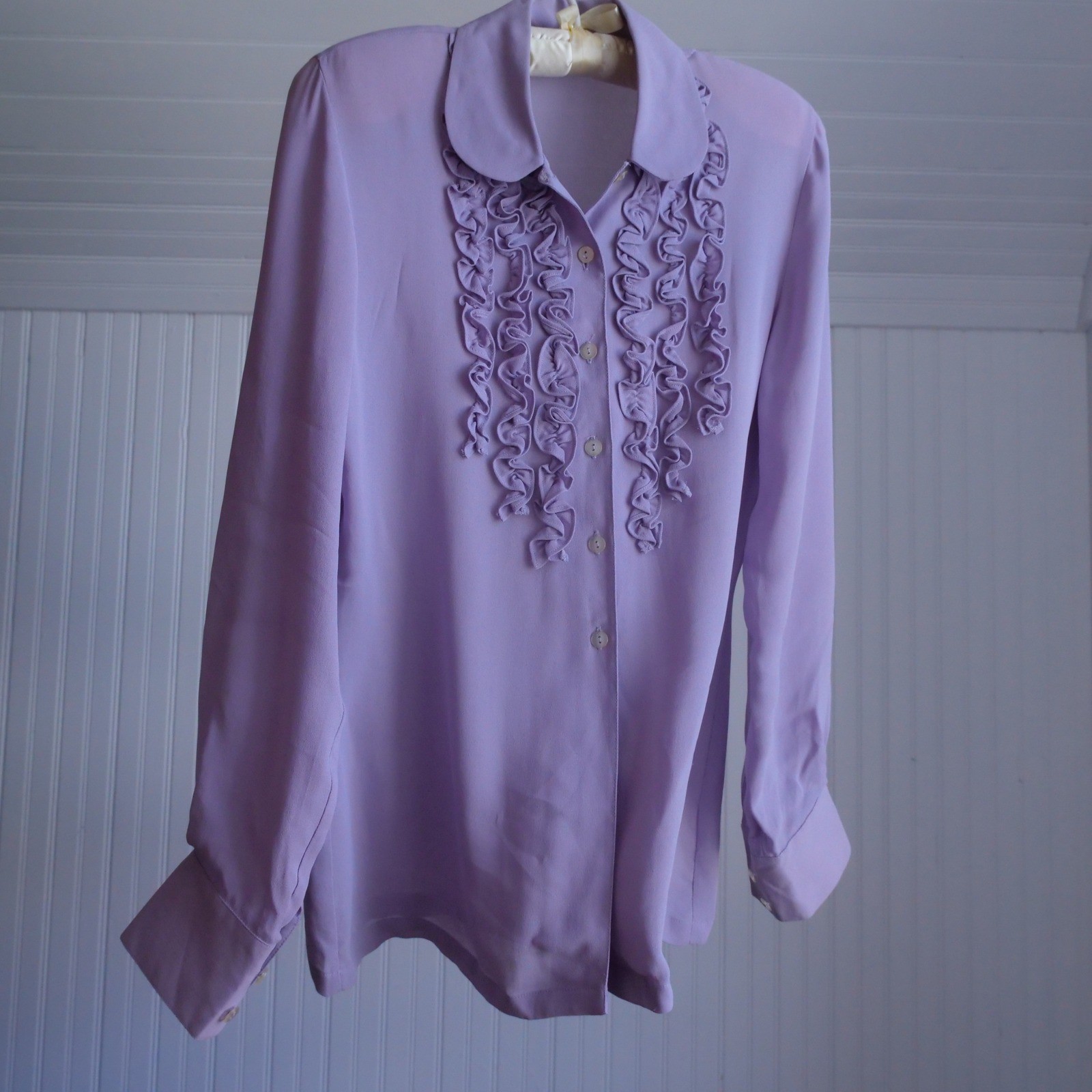 See sweetest vintage 1990s lilac semisheer tuxedo ruffle button down blouse