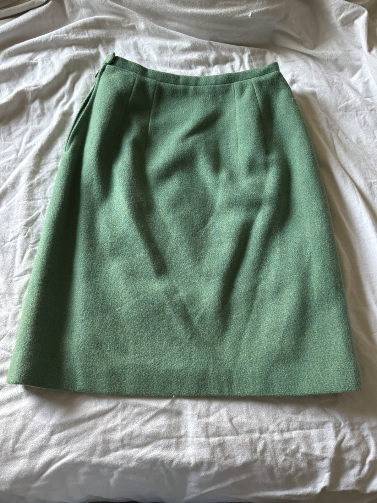Vintage 1970s Canda Couture Pure Wool Skirt Suit Aqua Fur Collar Belted Sz 10/12