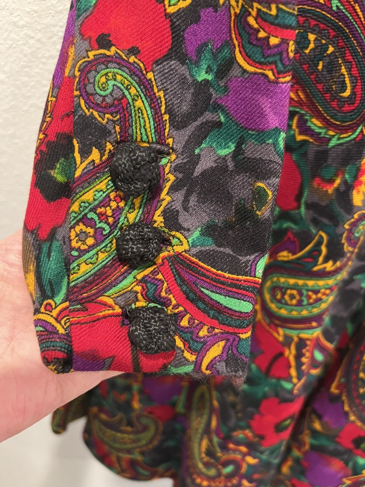 VTG 80s Stanley Platos Swing Dress Colorful Paisley Floral Print Wool Challis 14