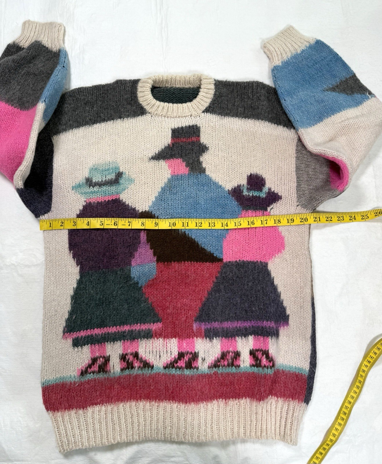 Vtg 80s Peruvian Baby Alpaca Sweater Wool S/M Geometric Design Women In Hats