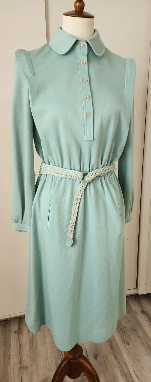 Vintage 70s Butte Knit Longsleeve Dress Turquoise Secretary Geek