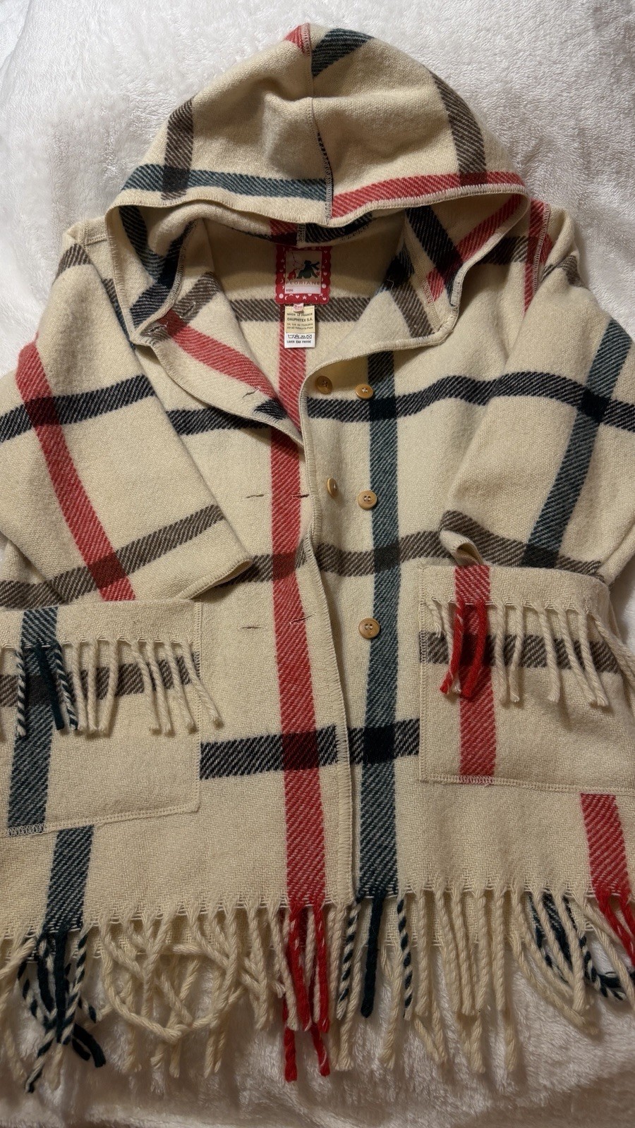 Vintage Floriane France Wool Cape Coat Women XXS XS Plaid Hood Fringe 85% Wool