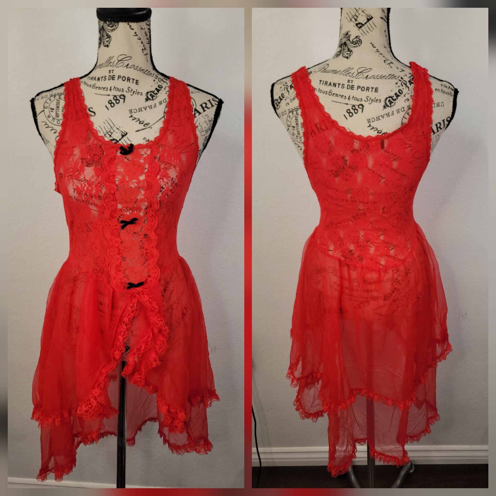 Vtg Stroke of Midnight Red Chemise L Sheer Lace Lingerie Coquette Babydoll USA